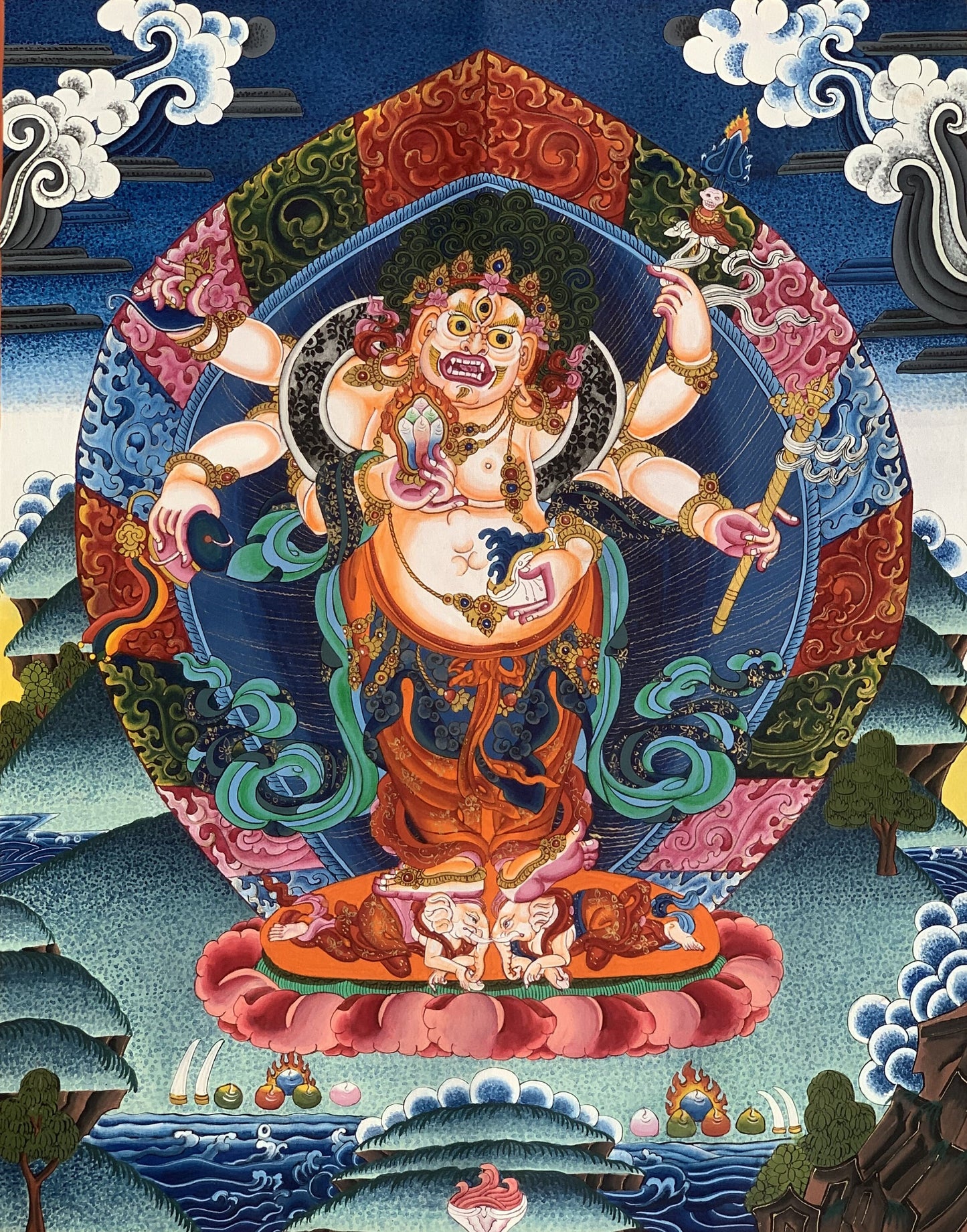 6-Armed,  White Mahakala, Mahakala, Kalabhairava, Master Quality Newari Paubha/Pauva/ Thangka, Original Hand-Painting 19 x 24 -Inches