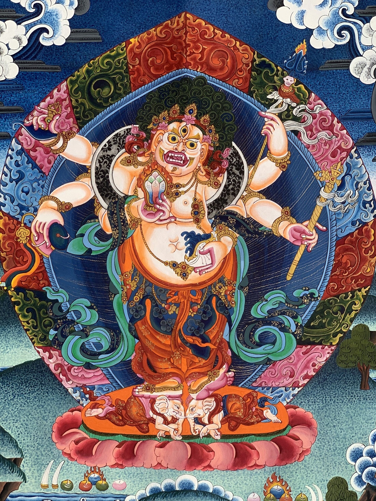 6-Armed,  White Mahakala, Mahakala, Kalabhairava, Master Quality Newari Paubha/Pauva/ Thangka, Original Hand-Painting 19 x 24 -Inches