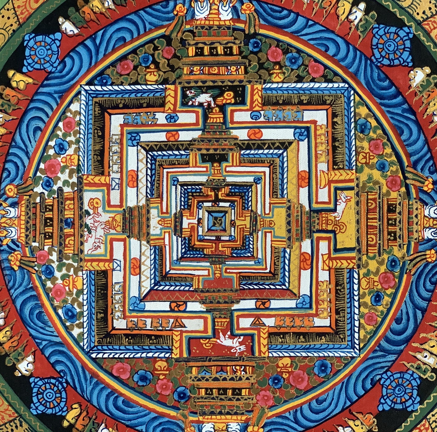 Wheel of Life, Wheel of Time, Kalachakra Mandala, Tibetan Thangka Painting, Original Art  13 x 13 Inch