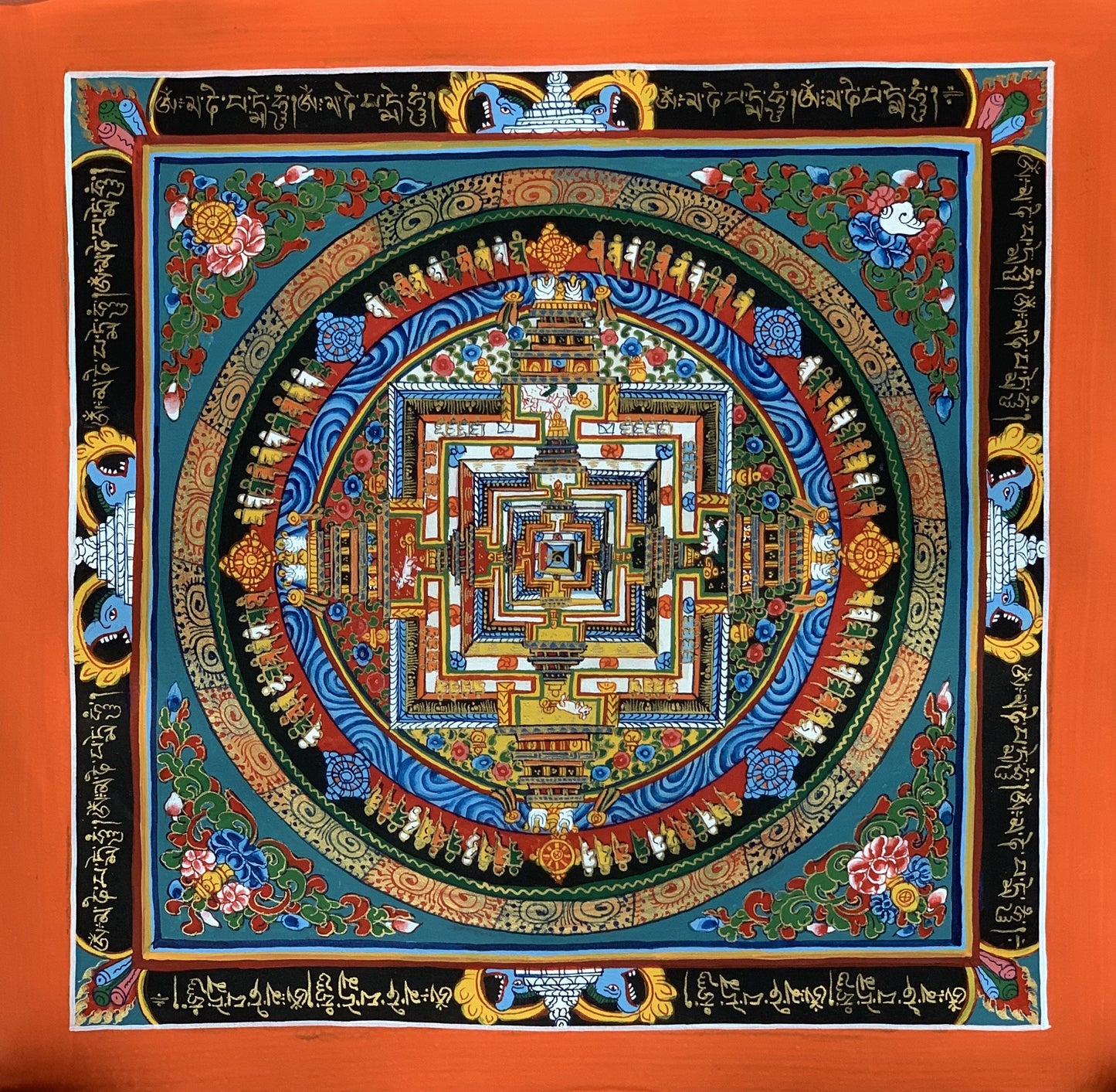 Wheel of Life, Wheel of Time, Kalachakra, Mantra Mandala, Tibetan Thangka Painting, Original Art  13 x 13 Inch