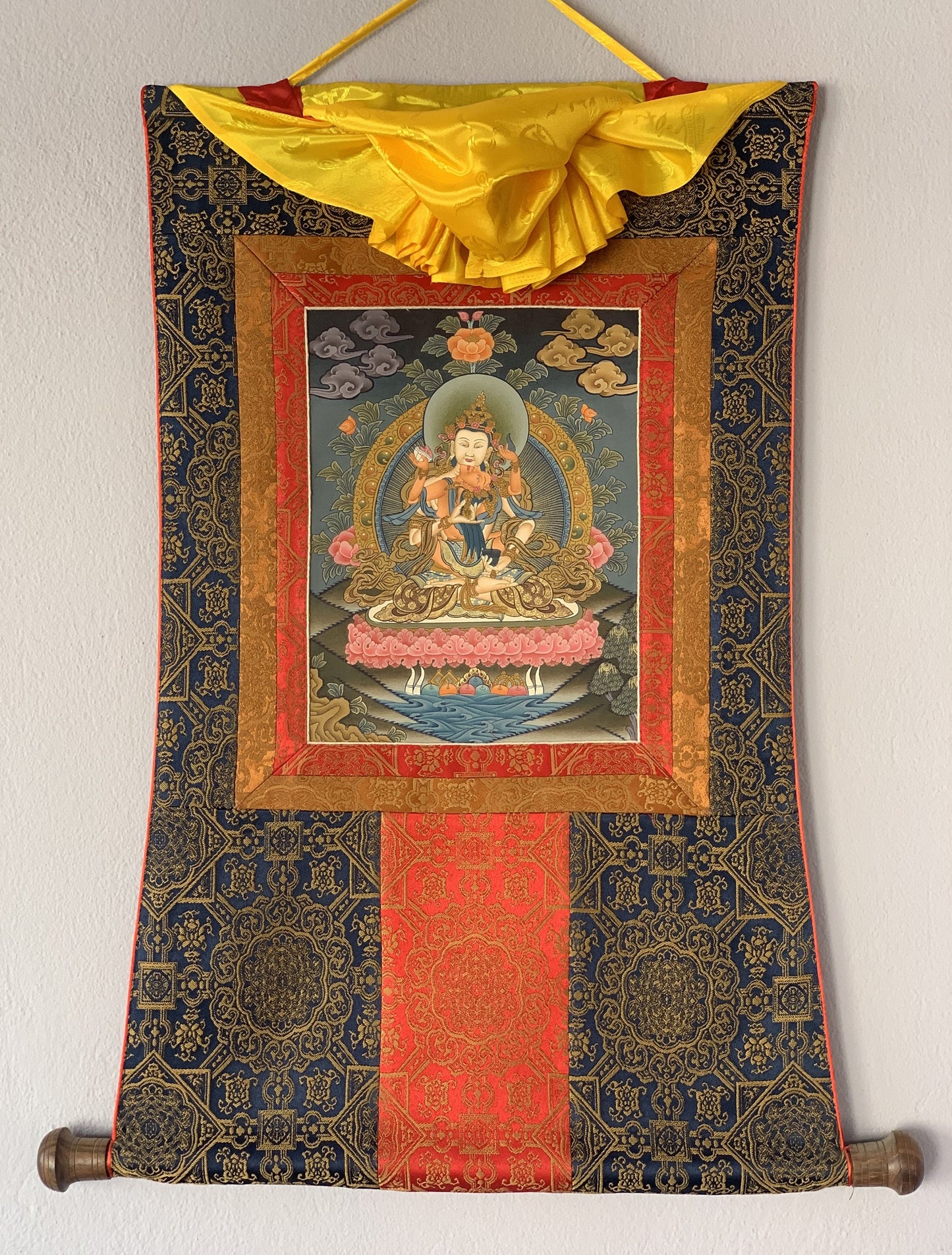 Vajrasattva with Concert Shakti, YabYum, Sacred Love, Tibetan  Thangka Painting, Original Art with Premium Silk Brocade