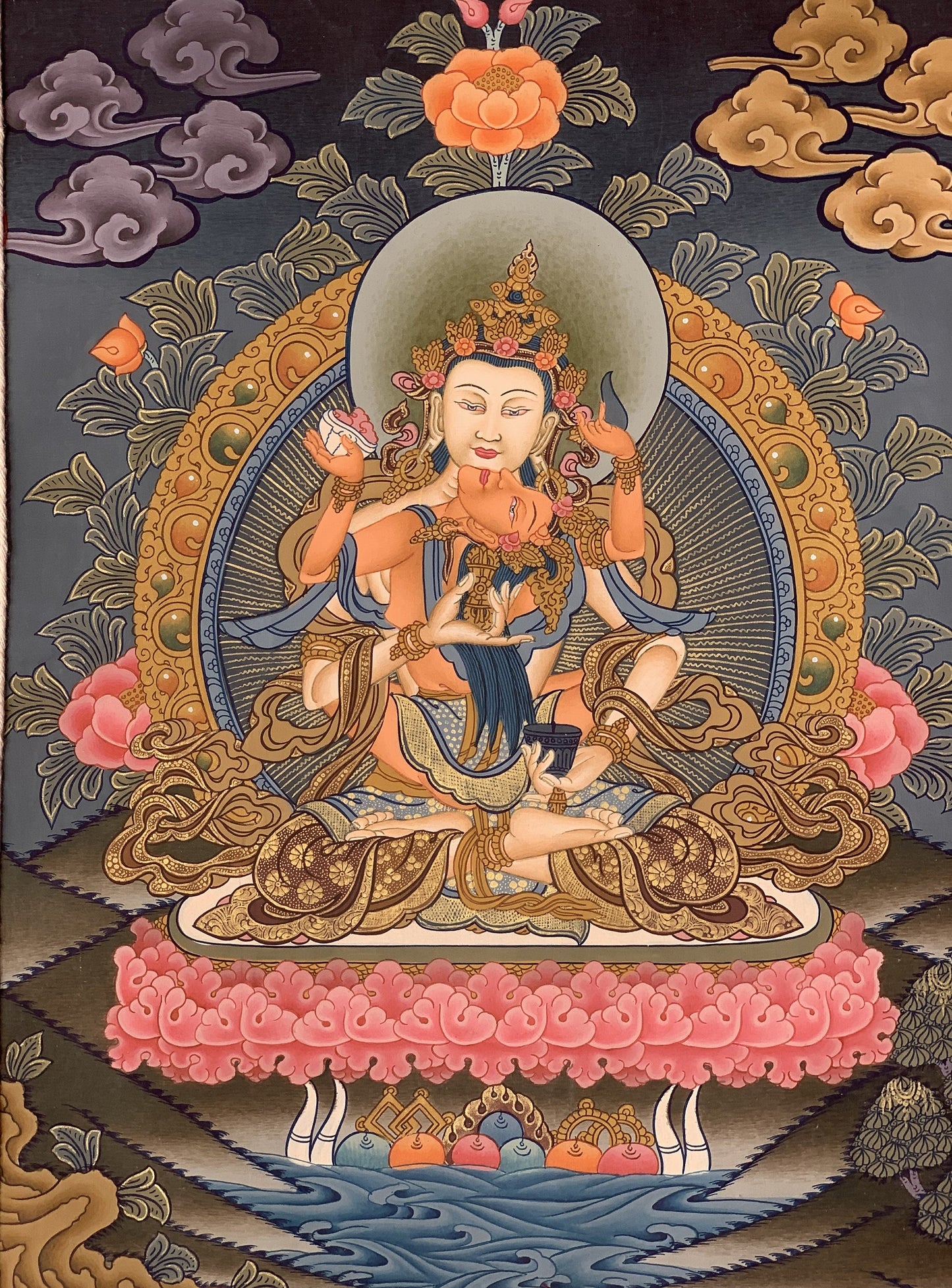 Vajrasattva with Concert Shakti, YabYum, Sacred Love, Tibetan  Thangka Painting, Original Art with Premium Silk Brocade