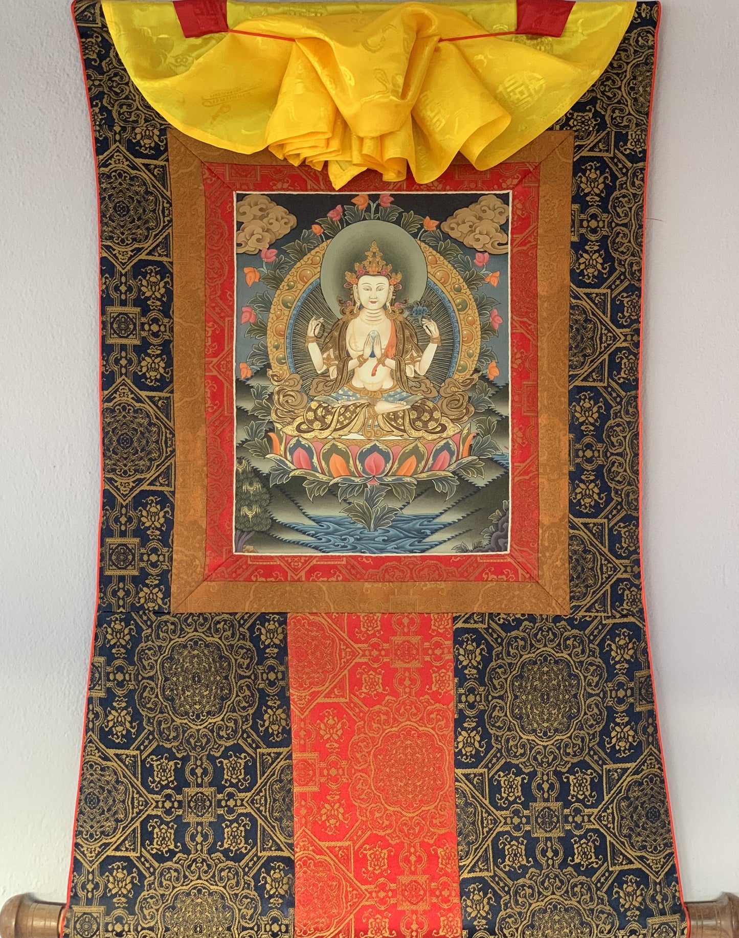 4 Armed Chyangresi, Chenrezig, Avalokiteshvara, Rare, Masterpiece Original Hand Painted Tibetan Thangka Painting with Premium Silk Border