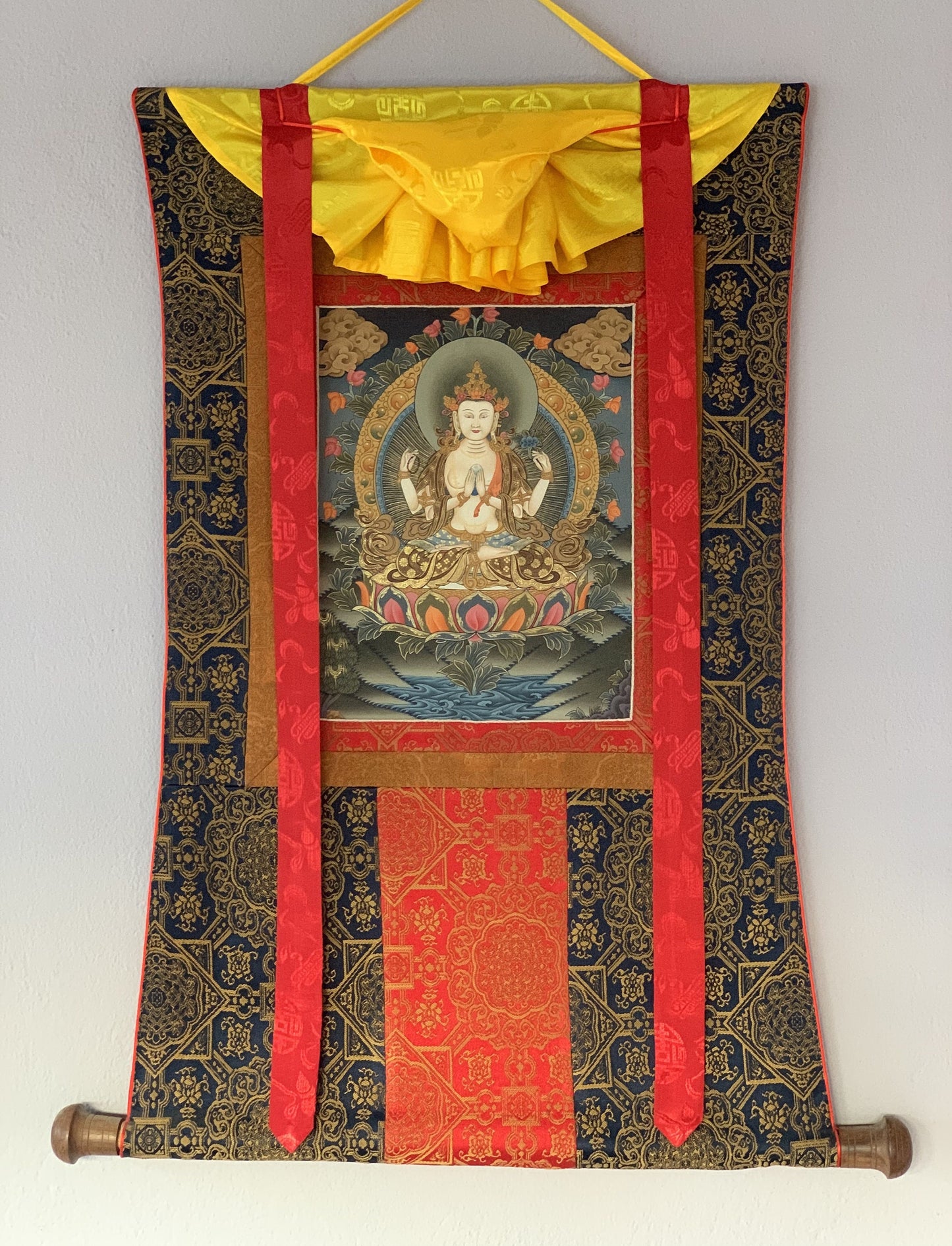 4 Armed Chyangresi, Chenrezig, Avalokiteshvara, Rare, Masterpiece Original Hand Painted Tibetan Thangka Painting with Premium Silk Border