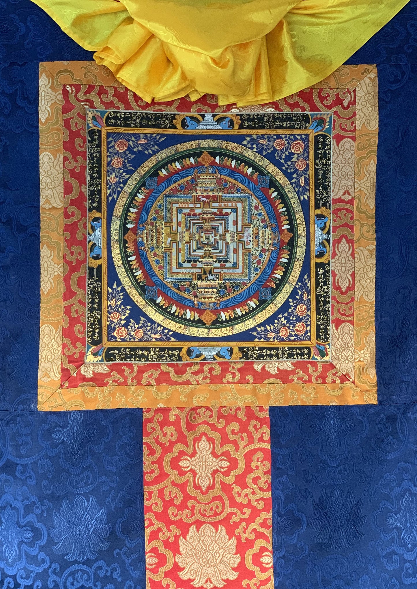 Wheel of Life, Wheel of Time, Kalachakra Om Mantra Mandala, Tibetan Thangka Painting, Original Art  with Silk Frame