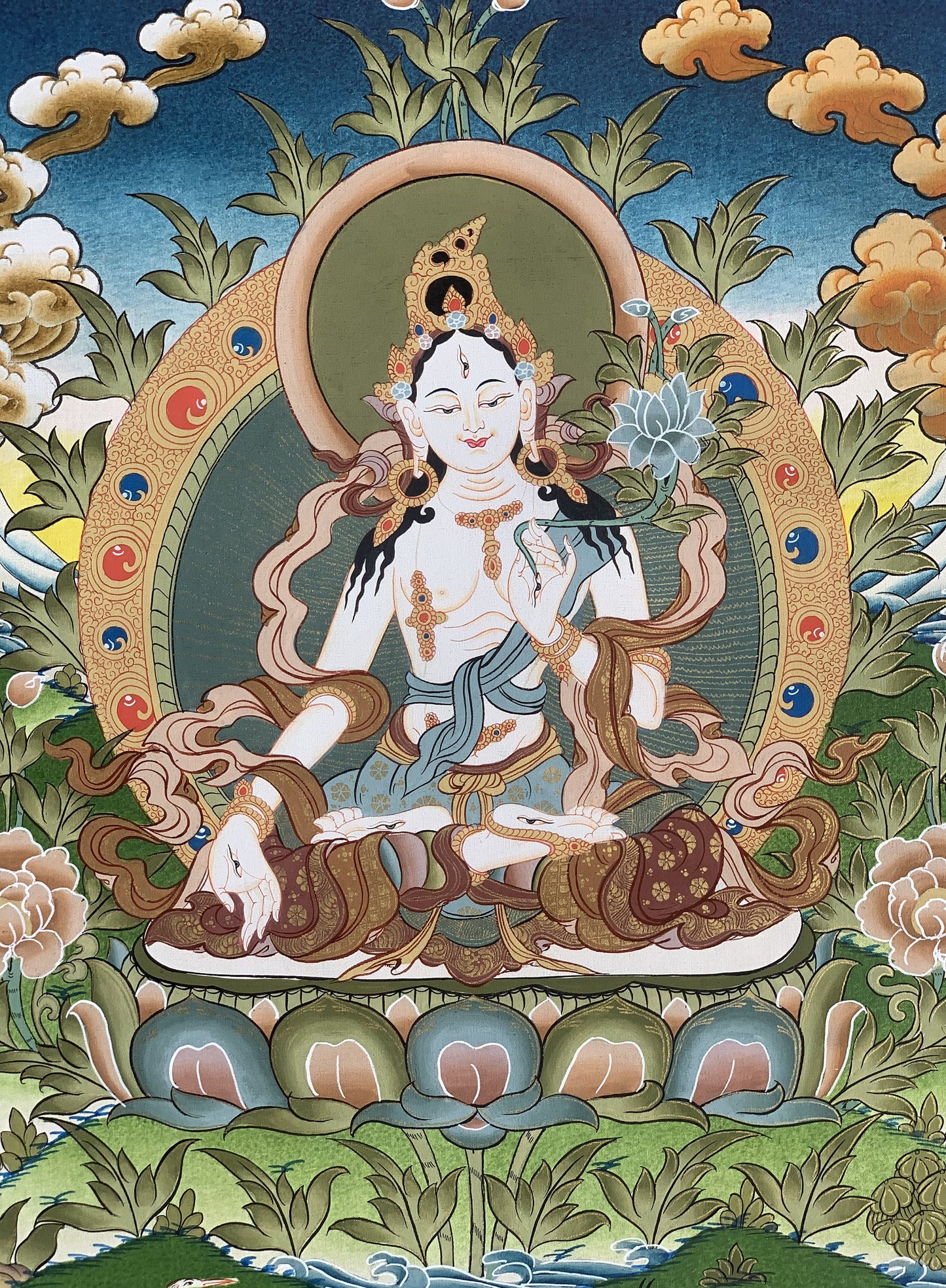 White Tara, Sitatara, Mother Goddess, Hand Painted Tibetan Thangka Painting Original Meditation Art  16 x 22 Inch