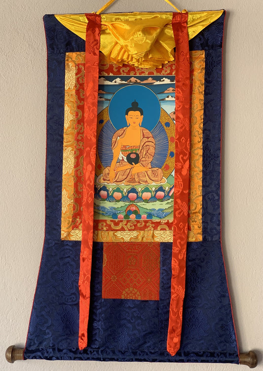 Shakyamuni, Siddhartha, Gautama, Buddha, Original Tibetan Thangka Painting, Buddhist Art with Silk Border