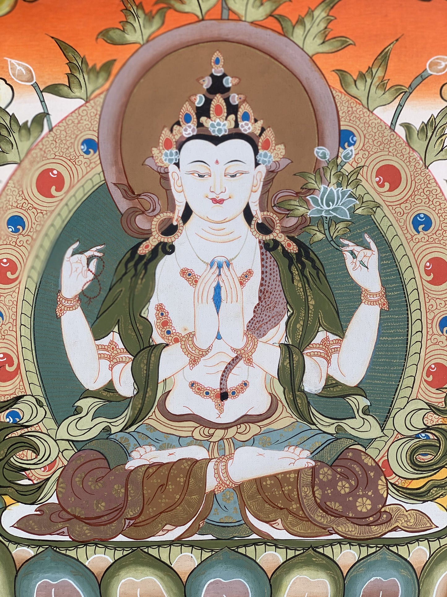 4 Armed Chyangresi/ Chenrezig/ Avalokiteshvara Master Quality Tibetan Thangka Painting, Original Hand Painting Art  16 x 22 Inch