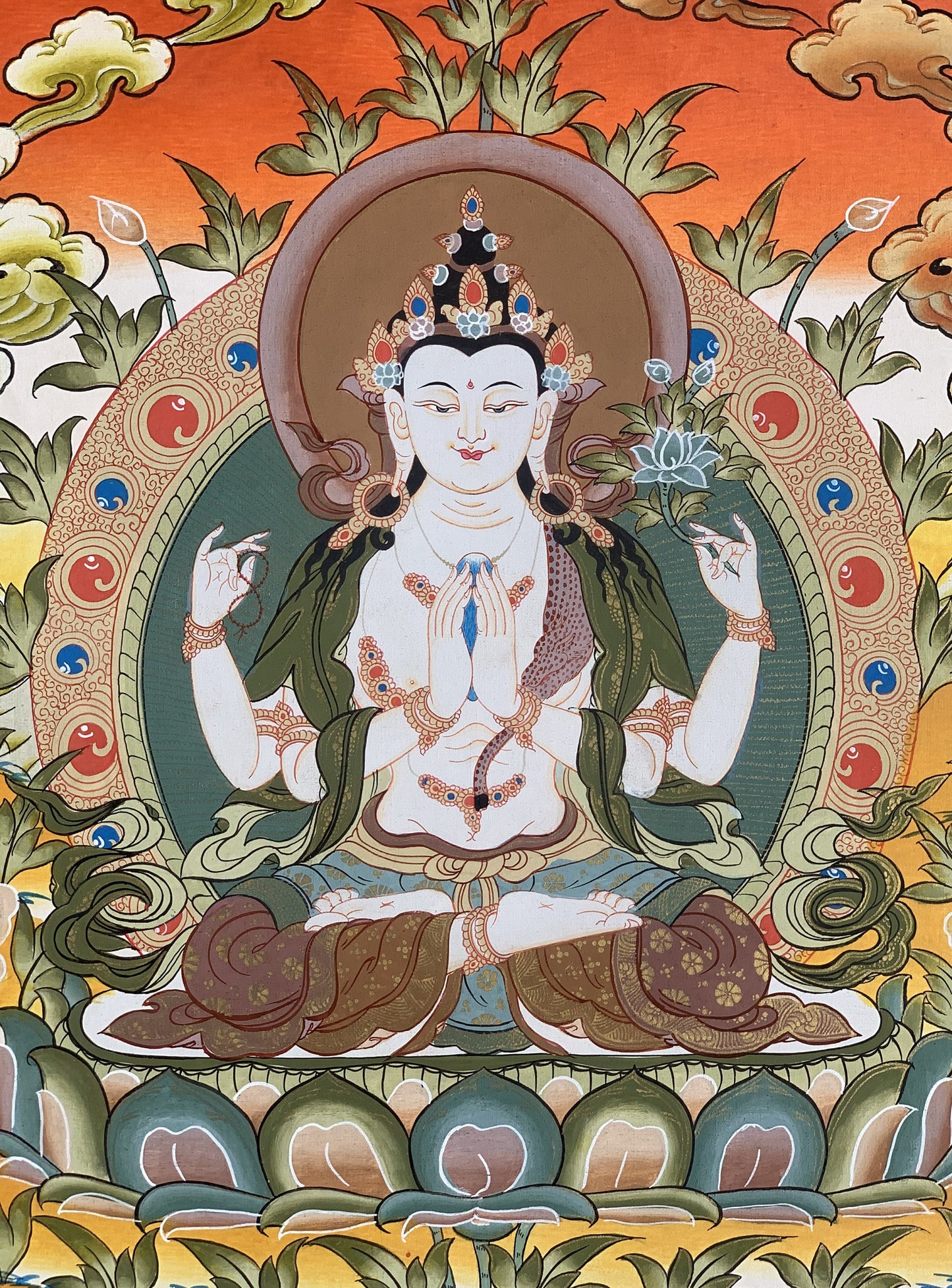 4 Armed Chyangresi/ Chenrezig/ Avalokiteshvara Master Quality Tibetan Thangka Painting, Original Hand Painting Art  16 x 22 Inch