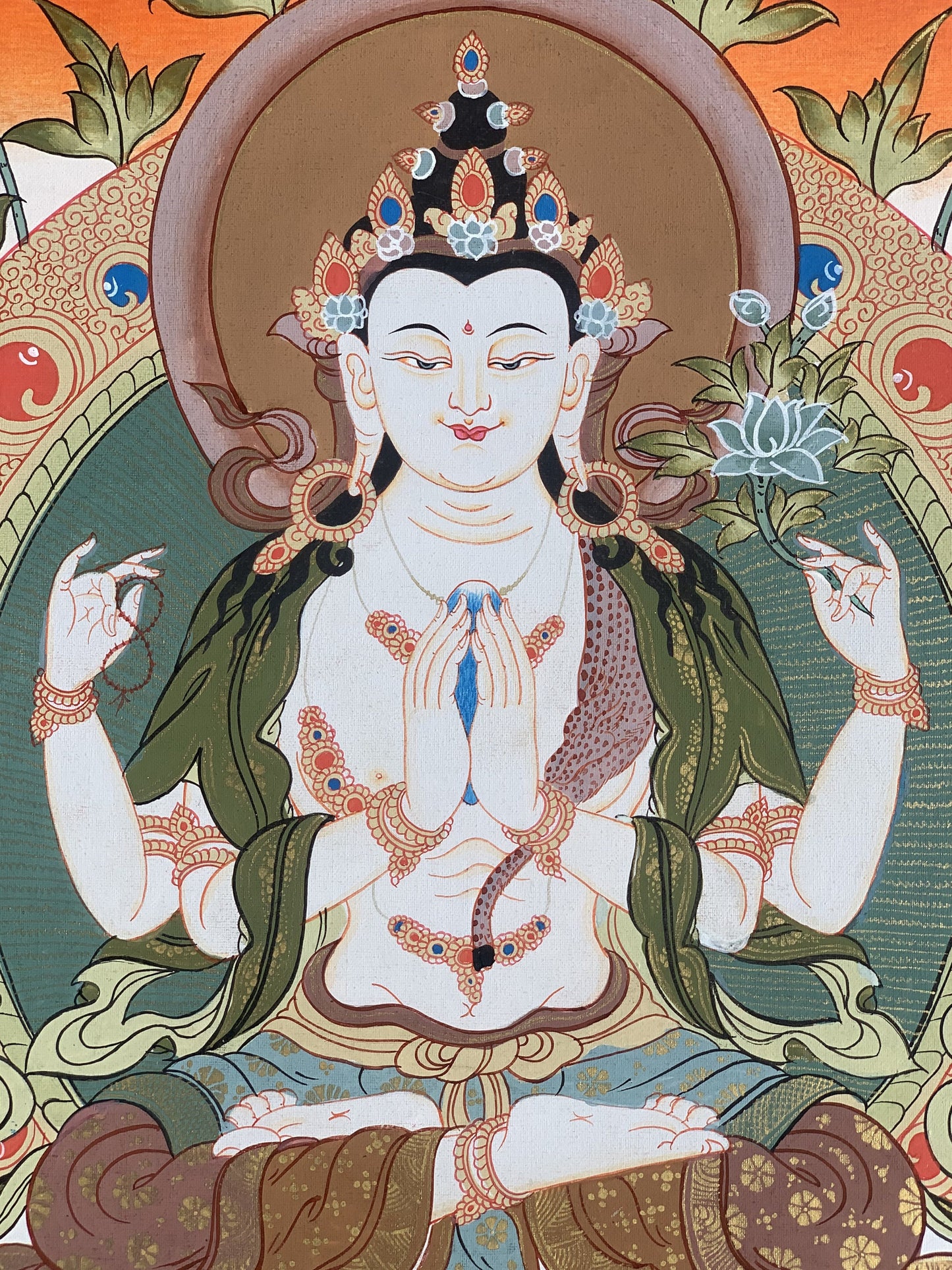 4 Armed Chyangresi/ Chenrezig/ Avalokiteshvara Master Quality Tibetan Thangka Painting, Original Hand Painting Art  16 x 22 Inch