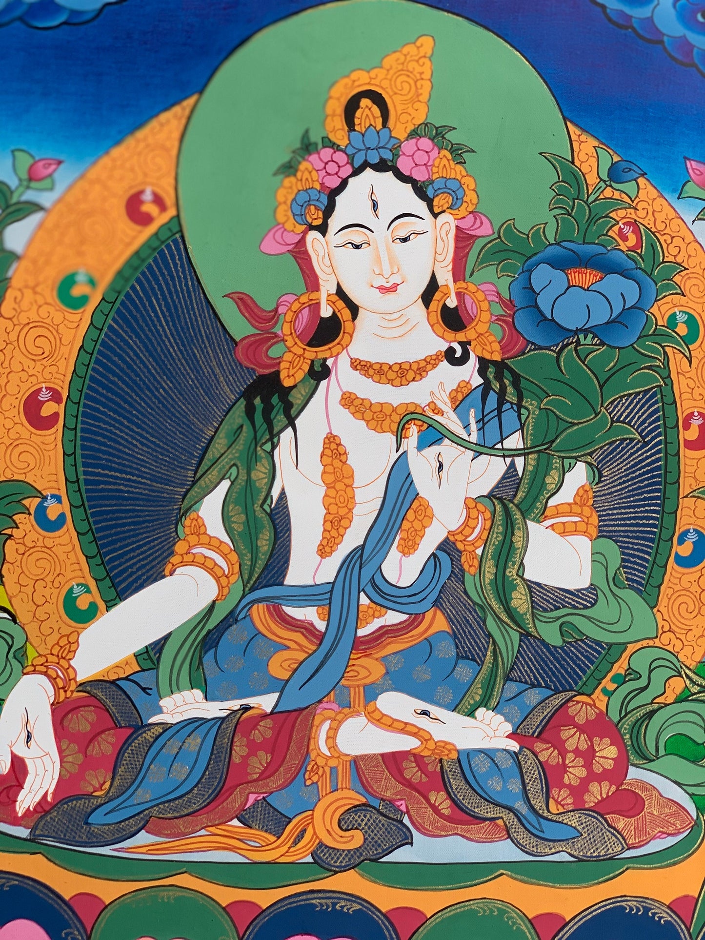 White Tara, Sitatara, Mother Goddess, Hand Painted Tibetan Thangka Painting, Original Art  15 x 19 Inch