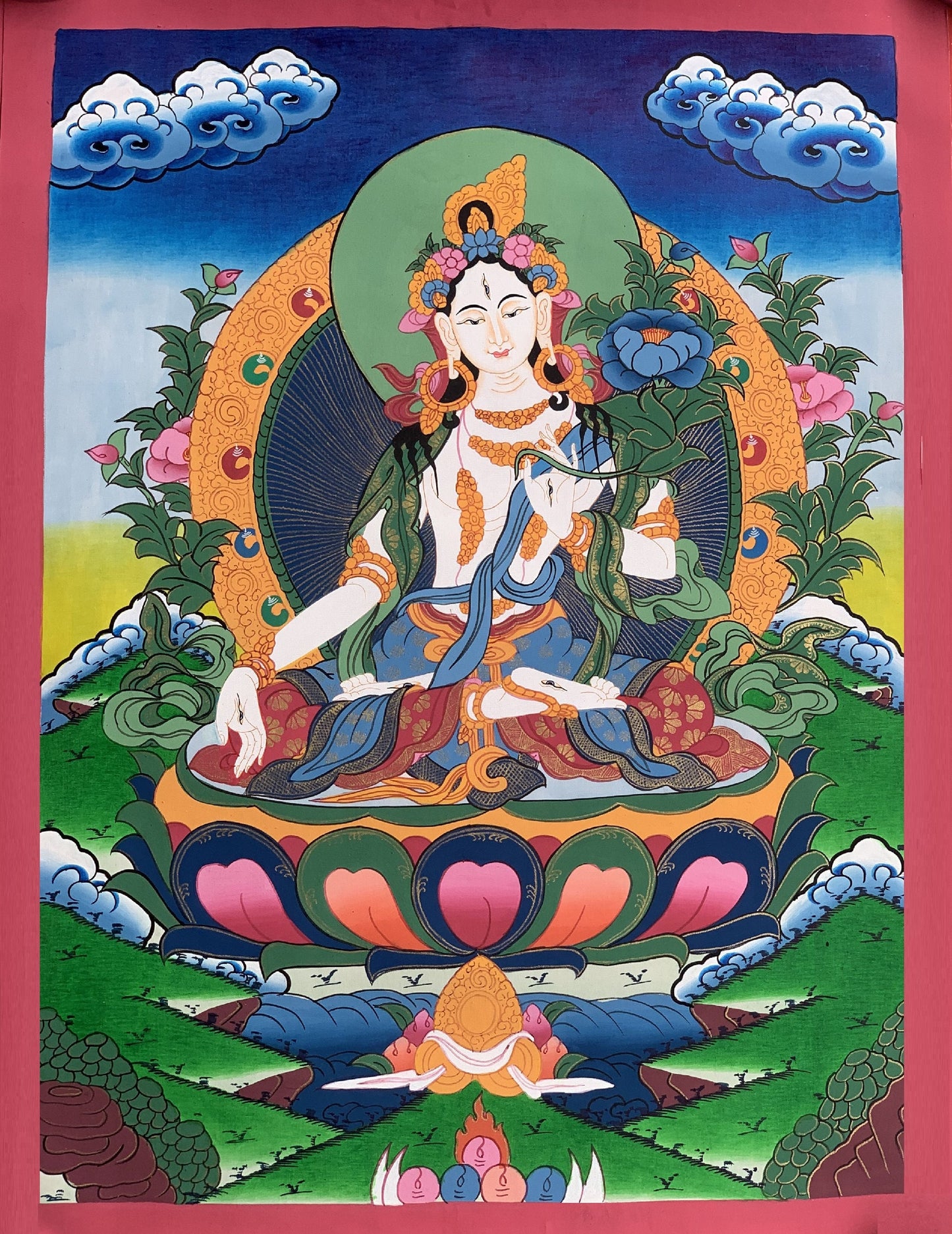 White Tara, Sitatara, Mother Goddess, Hand Painted Tibetan Thangka Painting, Original Art  15 x 19 Inch