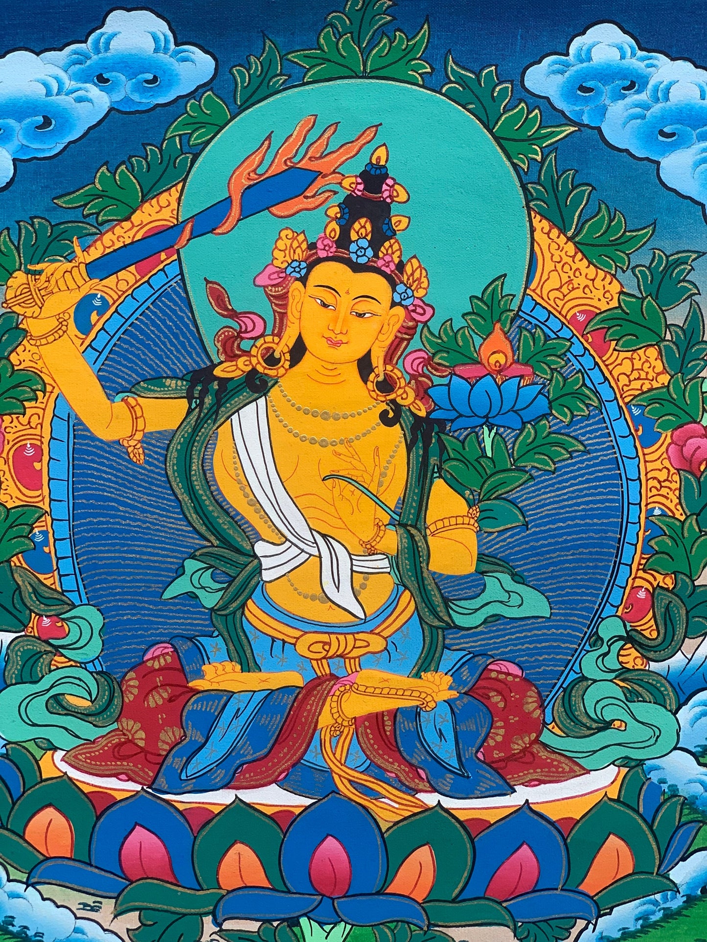 Manjushri/Manjusri/Manjushree Master Quality Hand-painted Original Tibetan Tibetan Thangka Compassion Meditation  Art  11 x 15 Inch