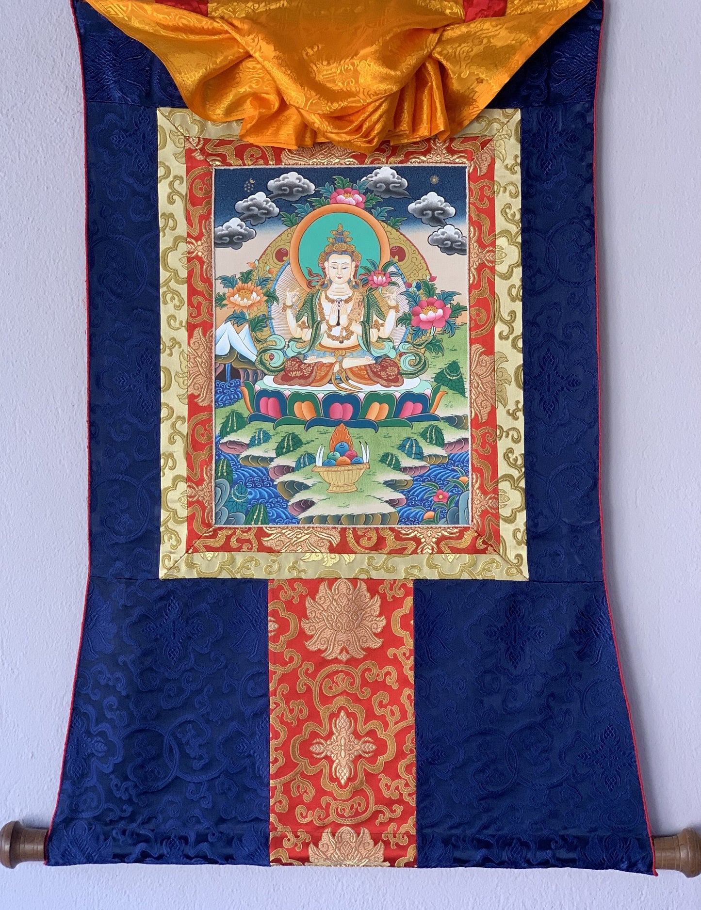 4 Armed Avalokiteshvara, Chyangresi, Chenrezig, Original Hand Painted Tibetan Thangka Meditation Art with Silk Brocade