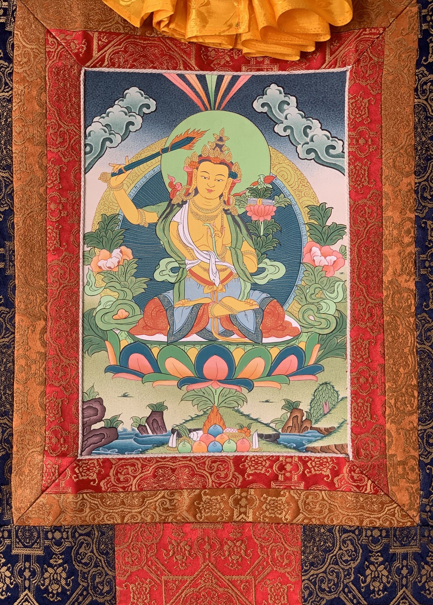 Manjushri/Manjusri/ Manjushree Bodhisattva of Divine Wisdom Tibetan Thangka Painting, Original Hand-painted  Art with Premium Silk Brocade