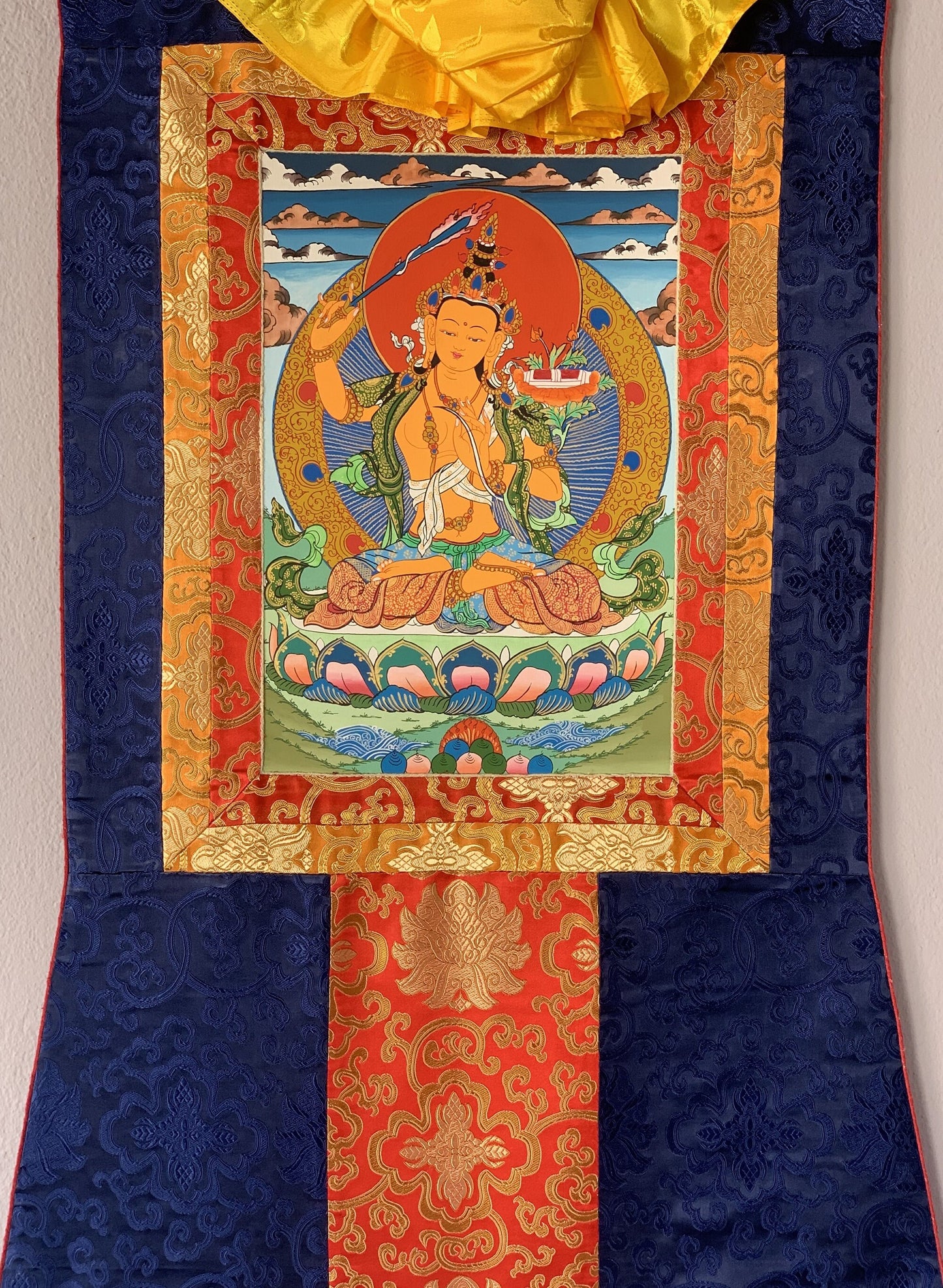 Manjushri, Manjusri, Manjushree, Master Quality, Hand-painted, Original Tibetan Thangka Painting, Compassion, Meditation  With Silk Frame