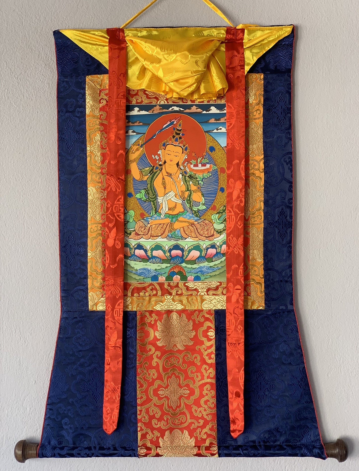 Manjushri, Manjusri, Manjushree, Master Quality, Hand-painted, Original Tibetan Thangka Painting, Compassion, Meditation  With Silk Frame