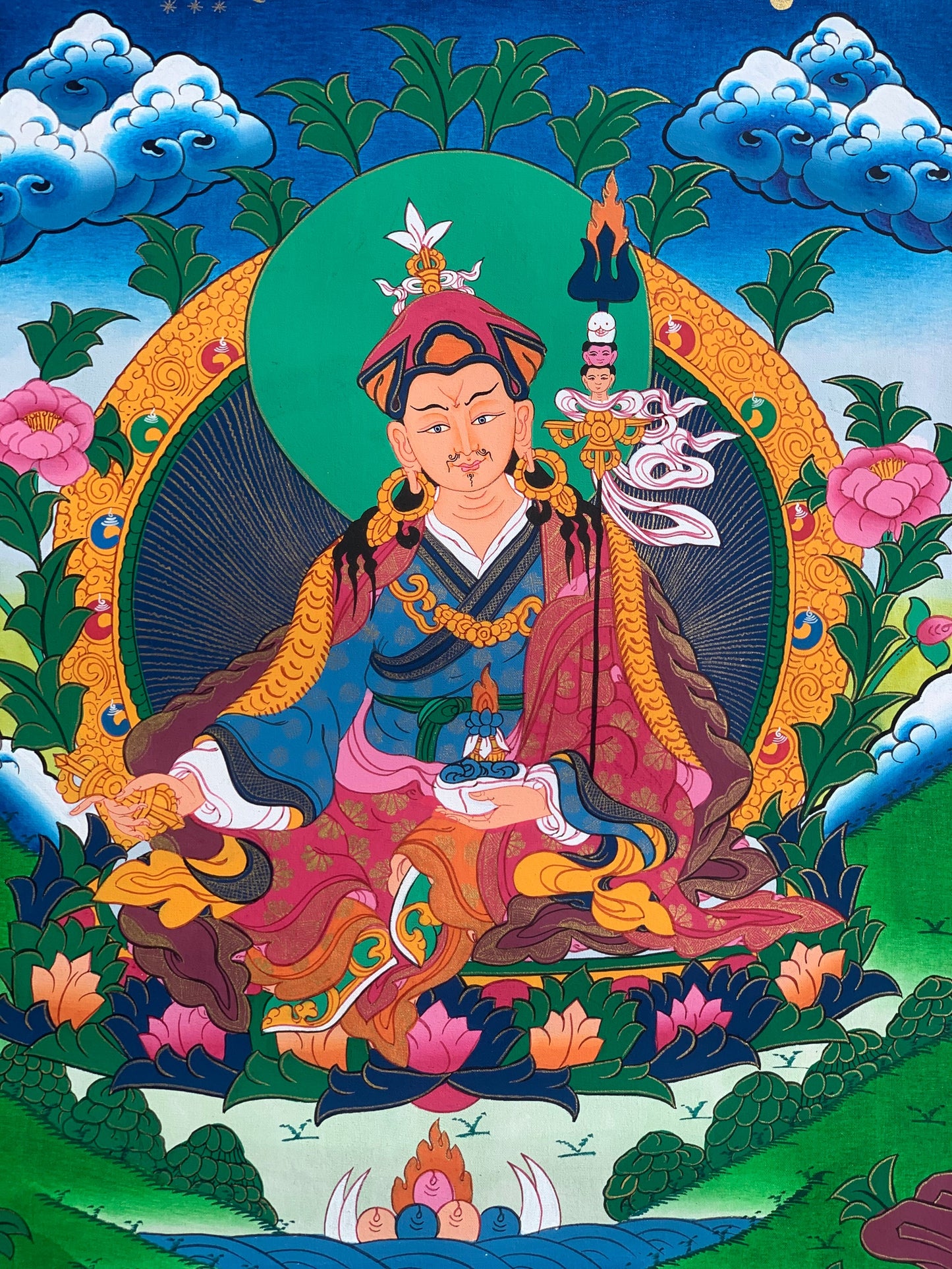 Guru Padmasambhava/ Guru Rinpoche Tibetan Thangka Painting Original Hand Painting/ Buddhist Art  with Silk Frame