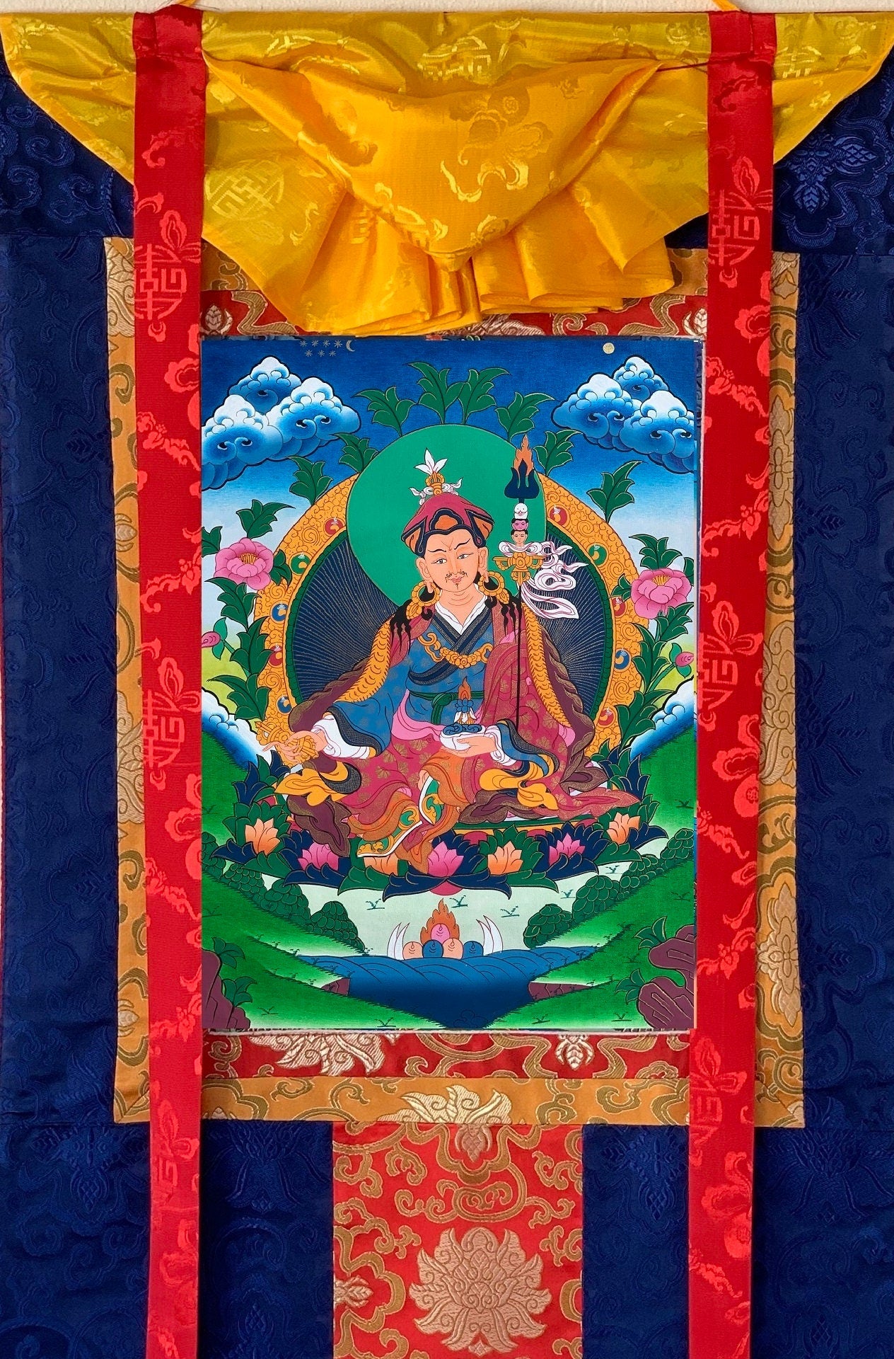 Guru Padmasambhava/ Guru Rinpoche Tibetan Thangka Painting Original Hand Painting/ Buddhist Art  with Silk Frame