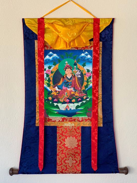 Guru Padmasambhava/ Guru Rinpoche Tibetan Thangka Painting Original Hand Painting/ Buddhist Art  with Silk Frame