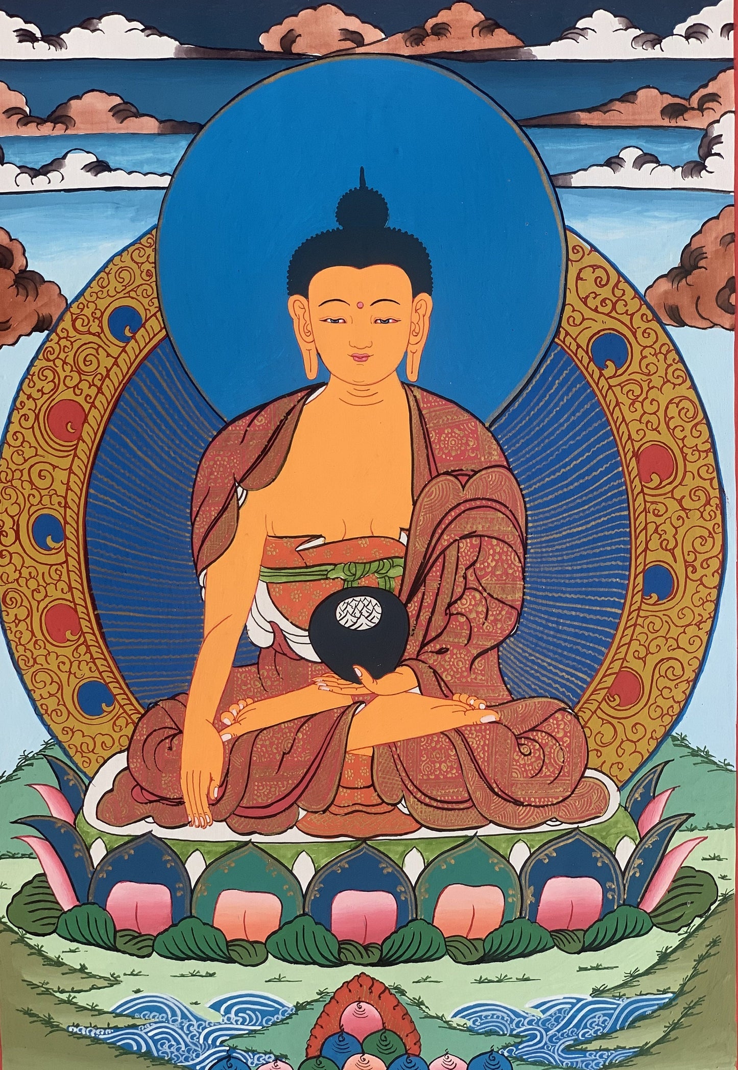 Shakyamuni, Siddhartha, Gautama, Buddha, Original Tibetan Thangka Painting, Buddhist Art with Silk Border