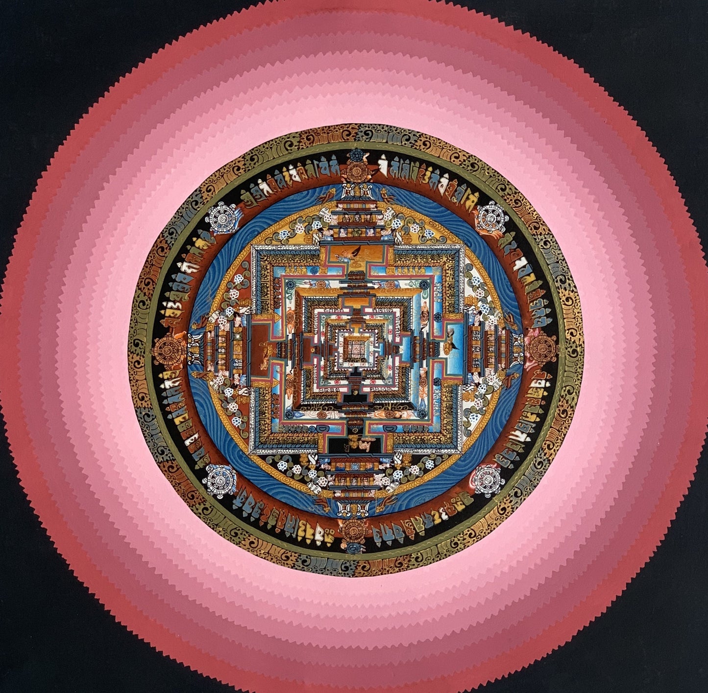 Wheel of Life Rainbow Lotus  Kalachakra Mandala Master Quality Gold Tibetan Thangka Painting Original Art  16 x 16 Inch