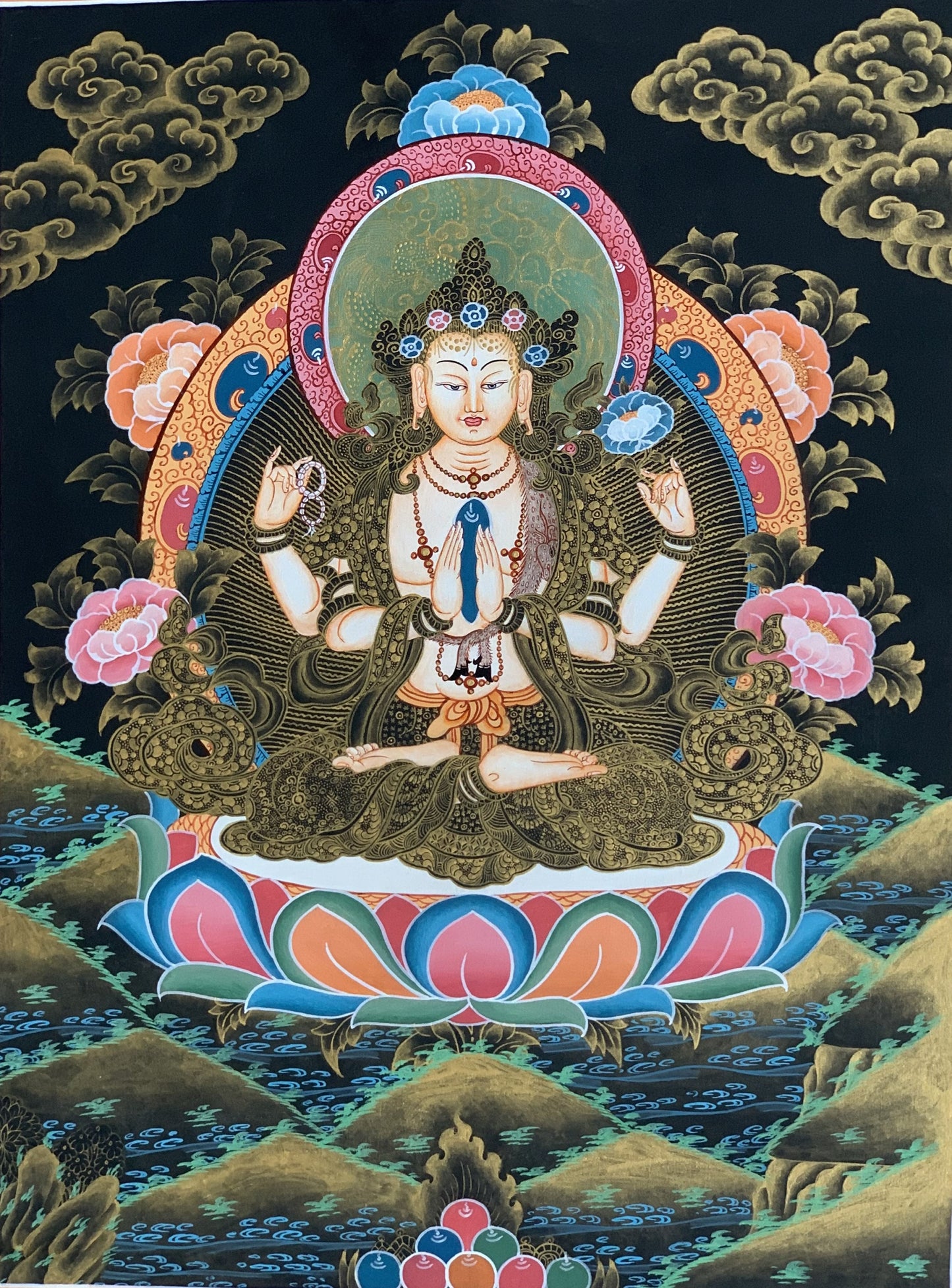 4 Armed, Chyangresi, Chenrezig, Avalokiteshvara, Master Quality, Tibetan Thangka Painting, Original Hand painted Art 13 x 18 Inches