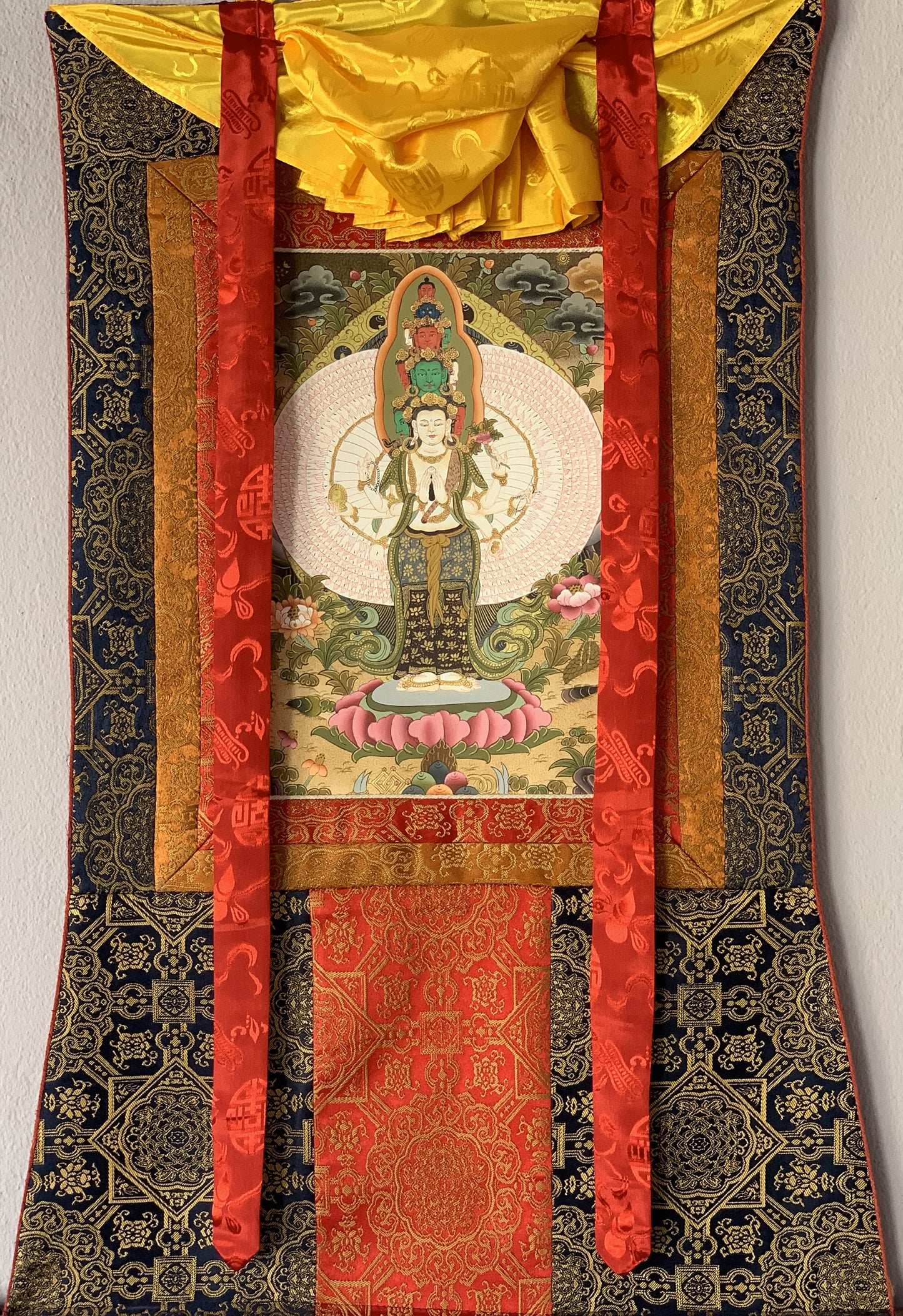 Chenrezig/ Avalokiteshvara Tibetan Thangka Painting Original Hand Painting Sacred Art with Premium Silk Border