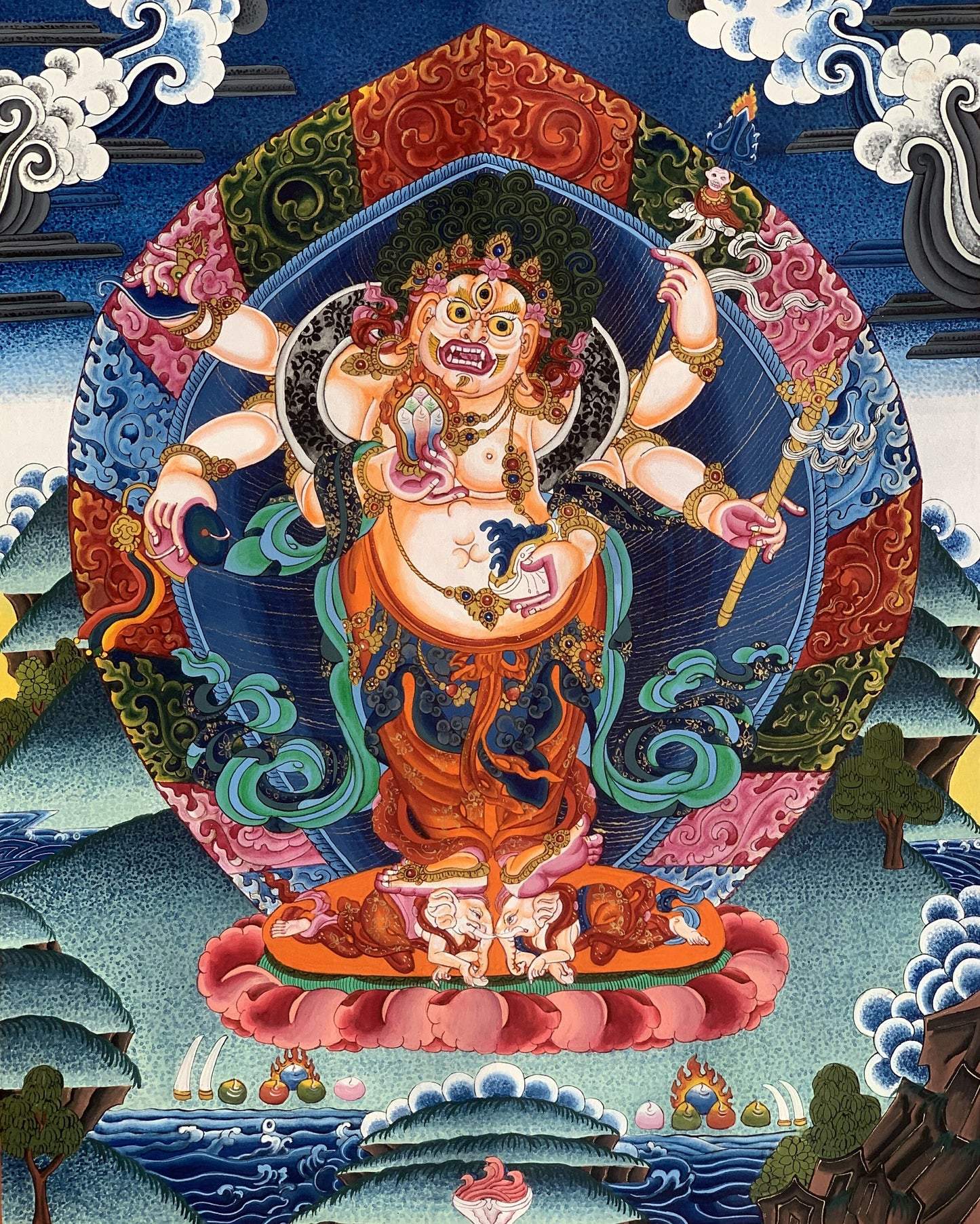 6-Armed,  White Mahakala, Mahakala, Kalabhairava, Master Quality Newari Paubha/Pauva/ Thangka, Original Hand-Painting 19 x 24 -Inches