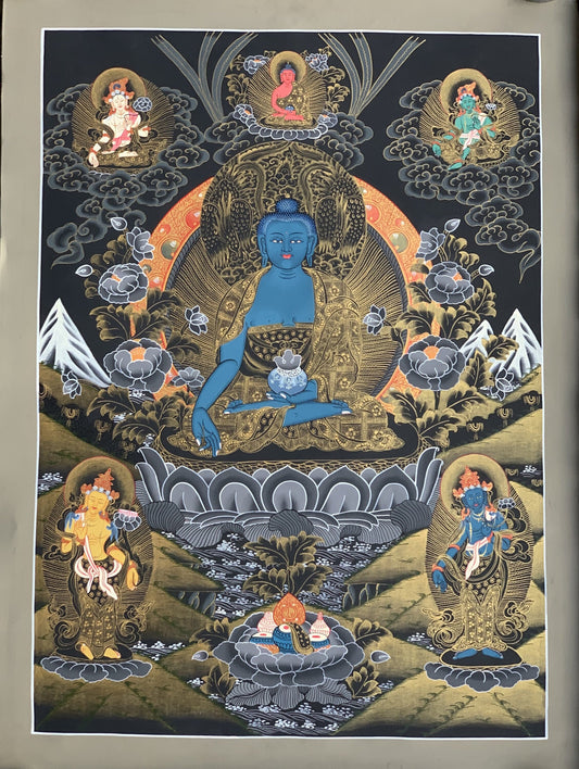 Medicine Buddha, Medicine Master, BhaisajyaGuru, Masterpiece Master Quality Original Tibetan Thangka Painting Compassion Meditation Art