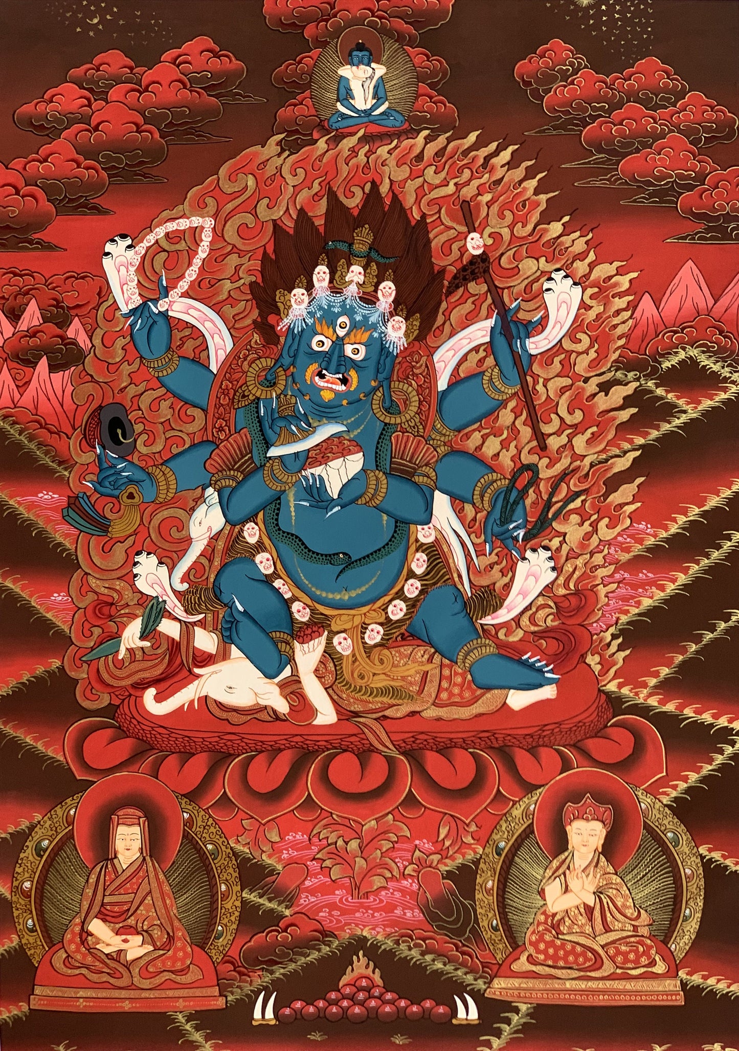 6-Armed Mahakala/ Kalabhairava Masterpiece Master Quality Original Tibetan Thangka Painting Compassion Meditation Art  20 x 27 -Inches