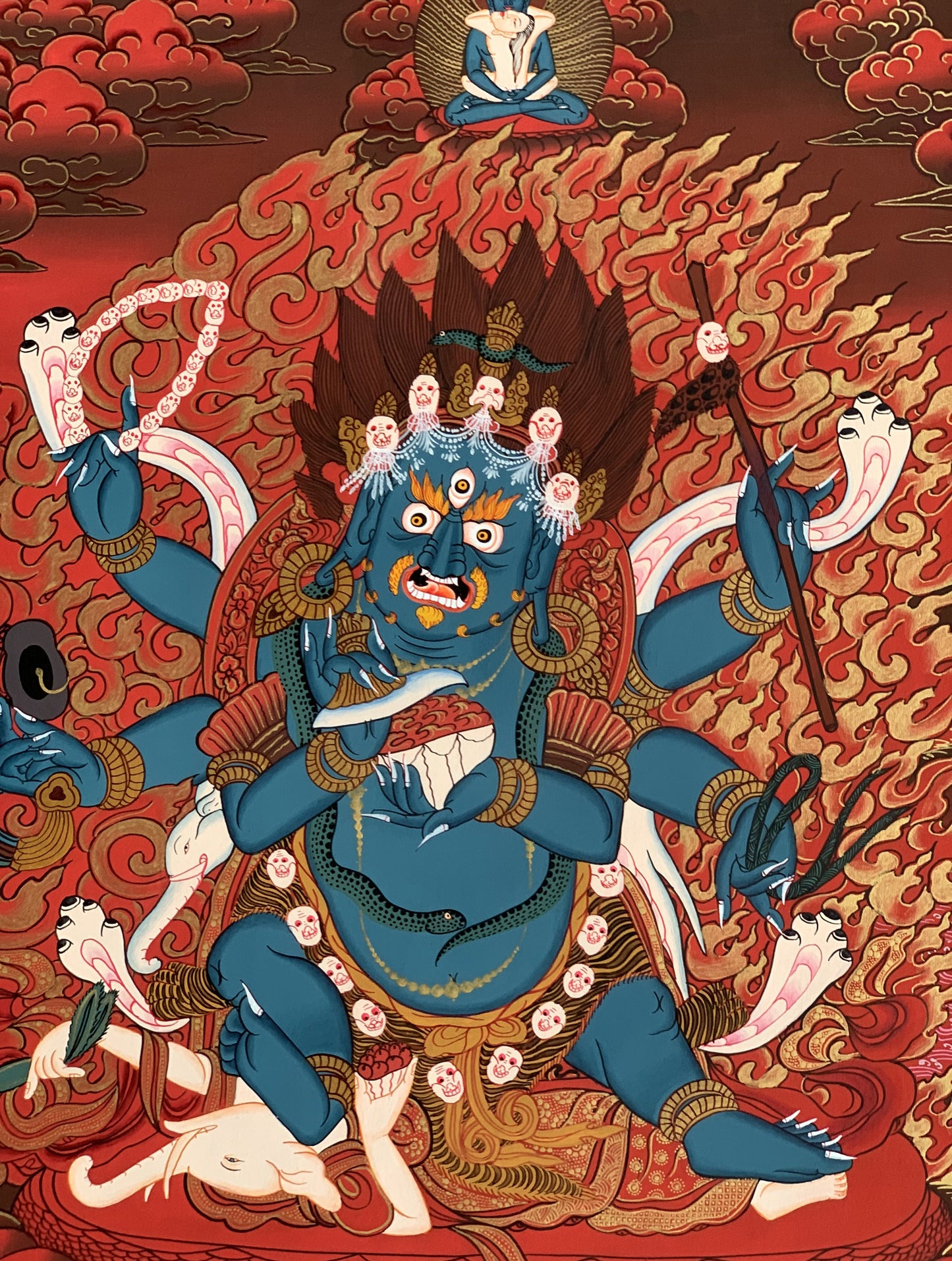 6-Armed Mahakala/ Kalabhairava Masterpiece Master Quality Original Tibetan Thangka Painting Compassion Meditation Art  20 x 27 -Inches