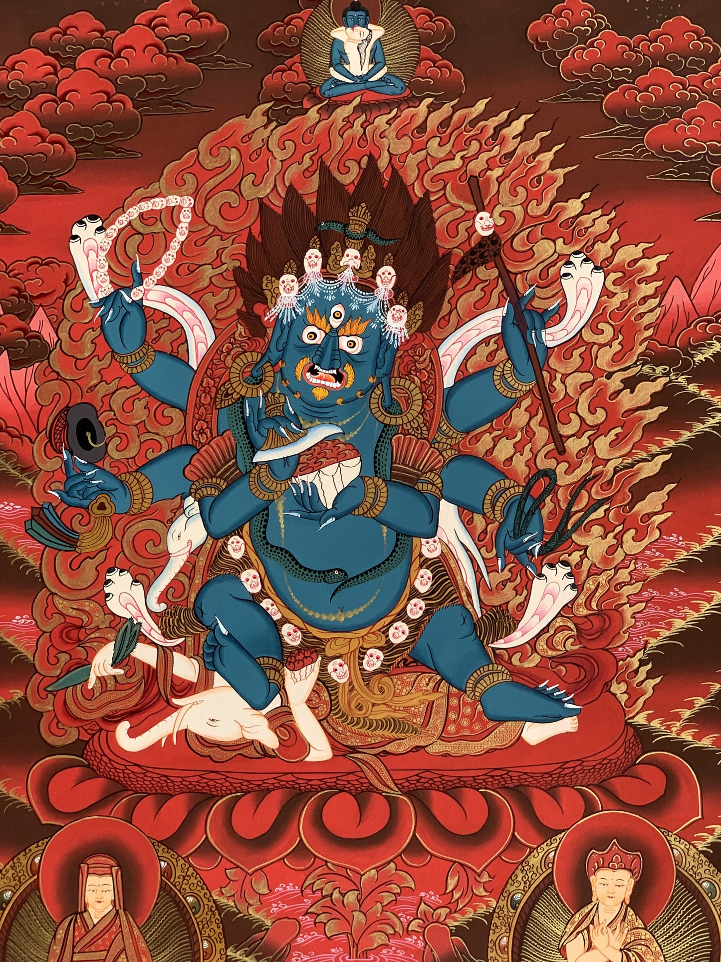 6-Armed Mahakala/ Kalabhairava Masterpiece Master Quality Original Tibetan Thangka Painting Compassion Meditation Art  20 x 27 -Inches