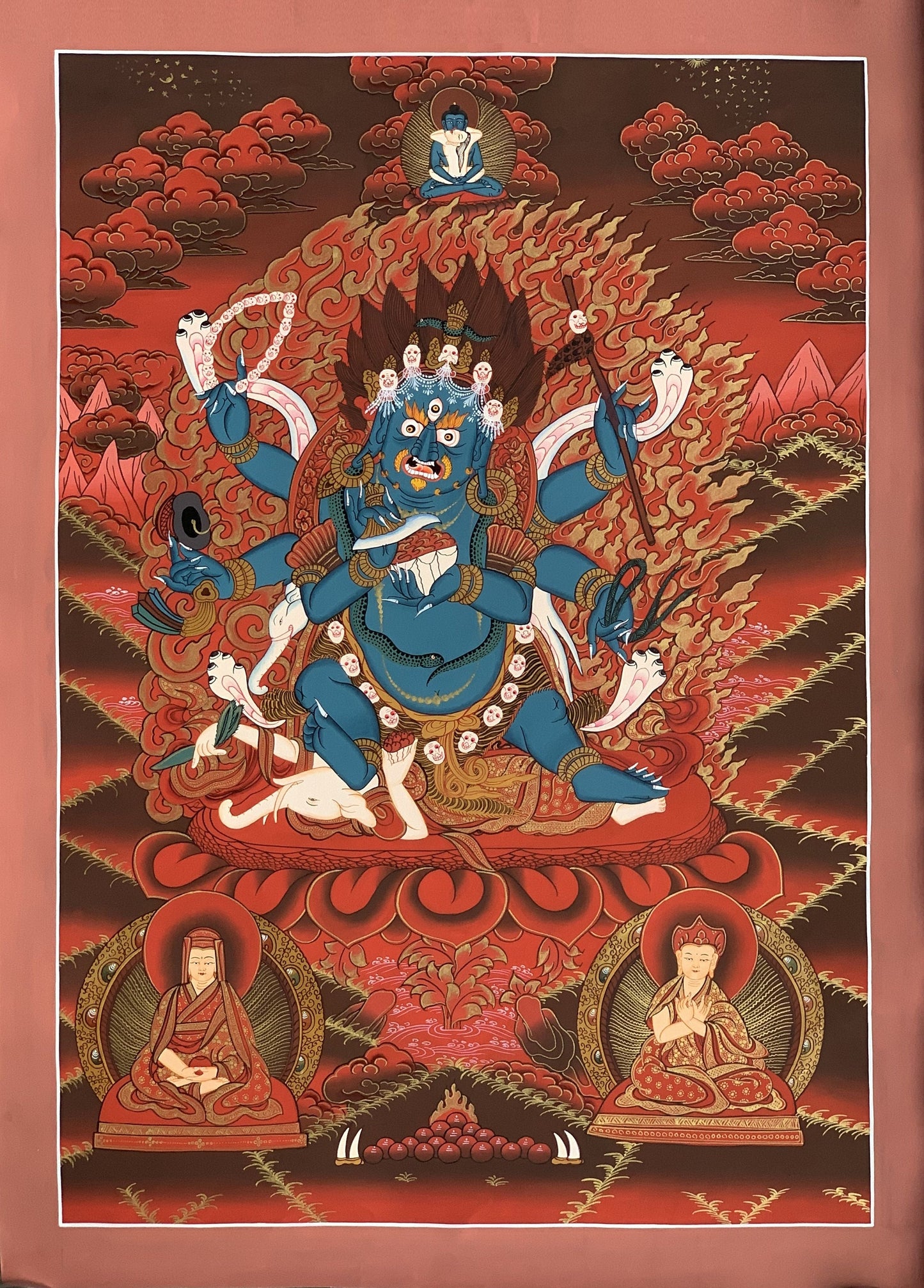 6-Armed Mahakala/ Kalabhairava Masterpiece Master Quality Original Tibetan Thangka Painting Compassion Meditation Art  20 x 27 -Inches