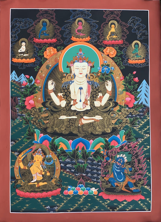 4 -Armed Chyangresi Chenrezig Avalokiteshvara Master Quality Original Tibetan Thangka Painting Compassion Meditation Art 21 x 27 Inch