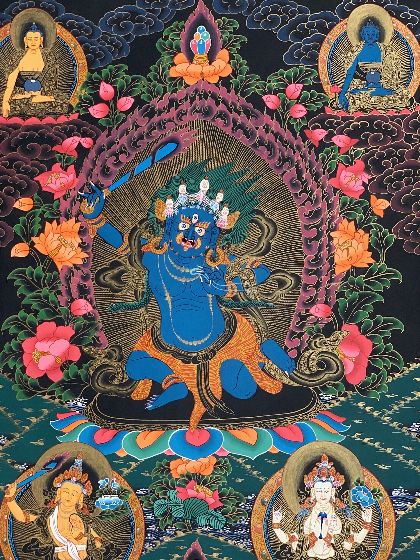 2 Armed Mahakala/ Kalabhairava Masterpiece Master Quality Original Tibetan Thangka Painting Compassion Meditation Art  21 x 27 -Inches