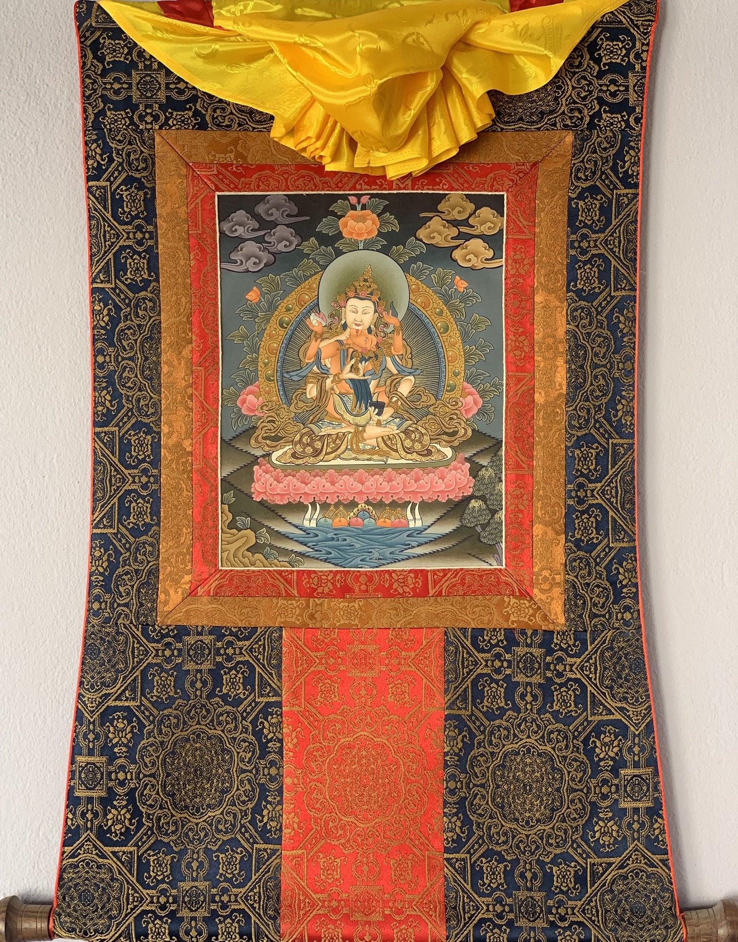 Vajrasattva with Concert Shakti, YabYum, Sacred Love, Tibetan  Thangka Painting, Original Art with Premium Silk Brocade