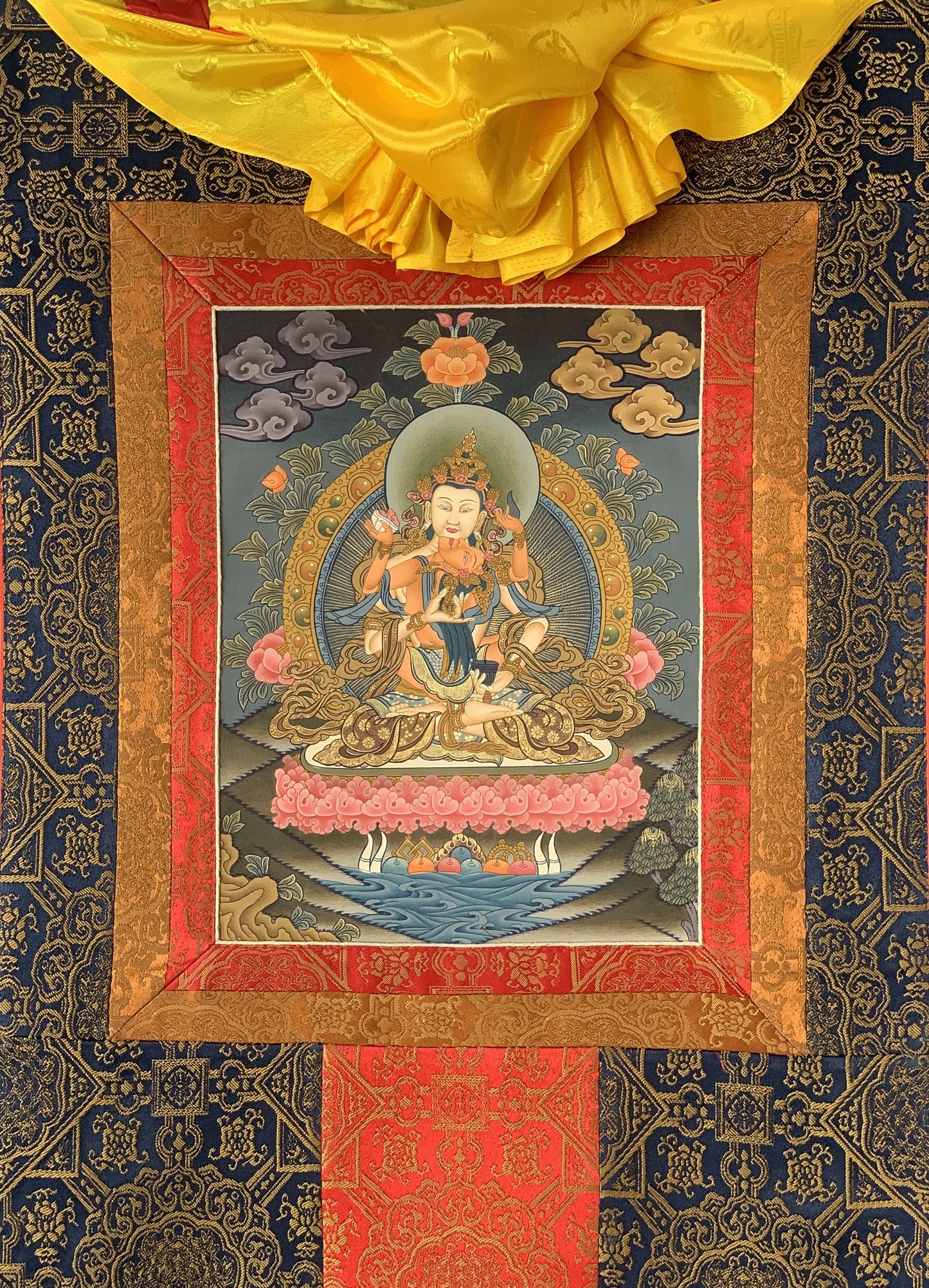 Vajrasattva with Concert Shakti, YabYum, Sacred Love, Tibetan  Thangka Painting, Original Art with Premium Silk Brocade