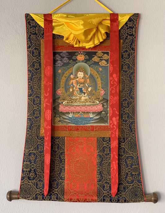 Vajrasattva with Concert Shakti, YabYum, Sacred Love, Tibetan  Thangka Painting, Original Art with Premium Silk Brocade