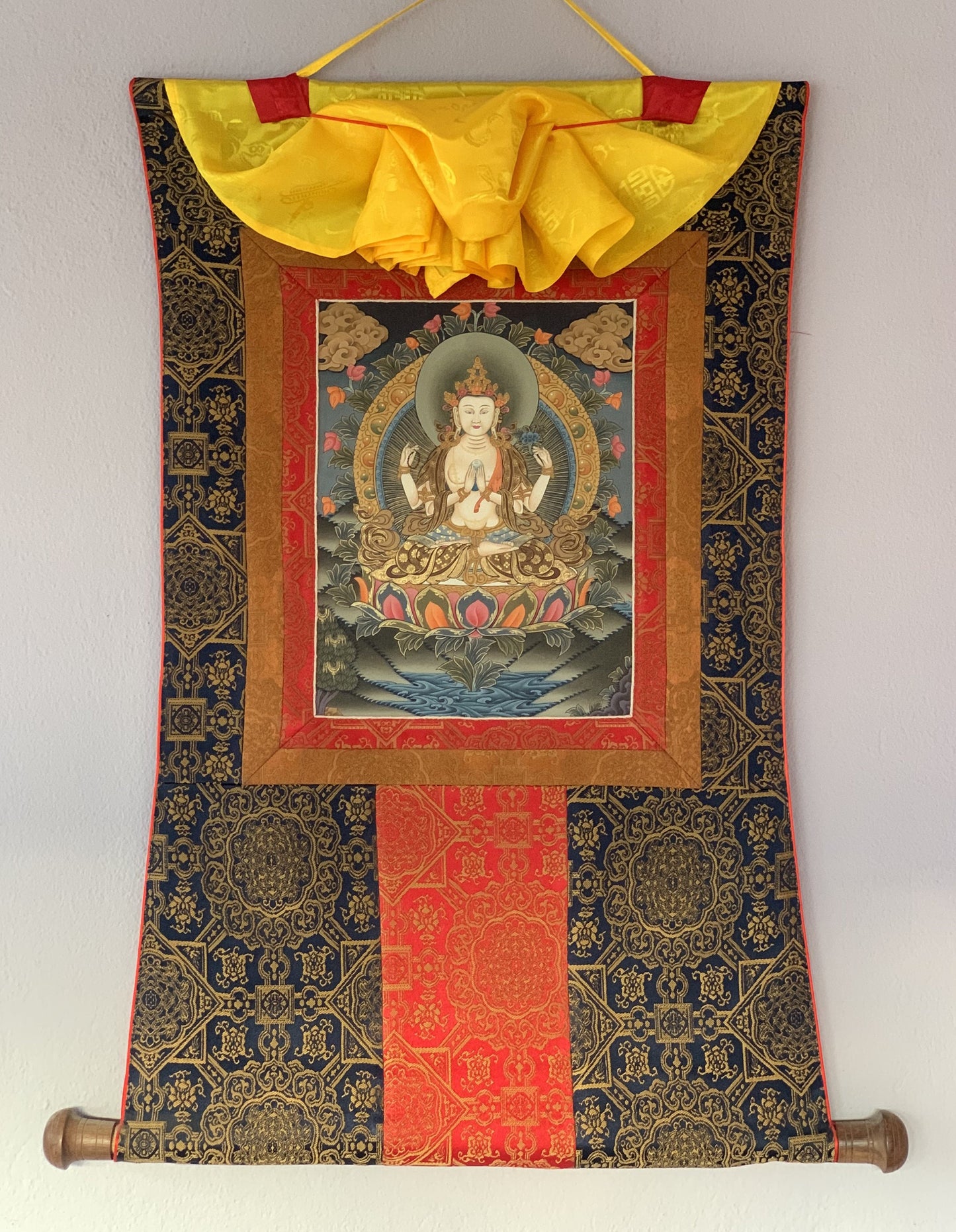 4 Armed Chyangresi, Chenrezig, Avalokiteshvara, Rare, Masterpiece Original Hand Painted Tibetan Thangka Painting with Premium Silk Border