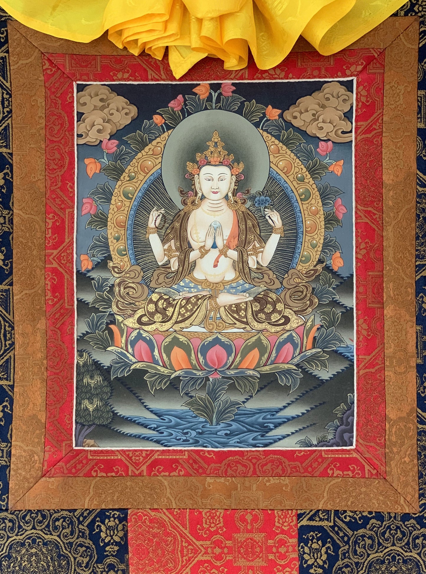 4 Armed Chyangresi, Chenrezig, Avalokiteshvara, Rare, Masterpiece Original Hand Painted Tibetan Thangka Painting with Premium Silk Border