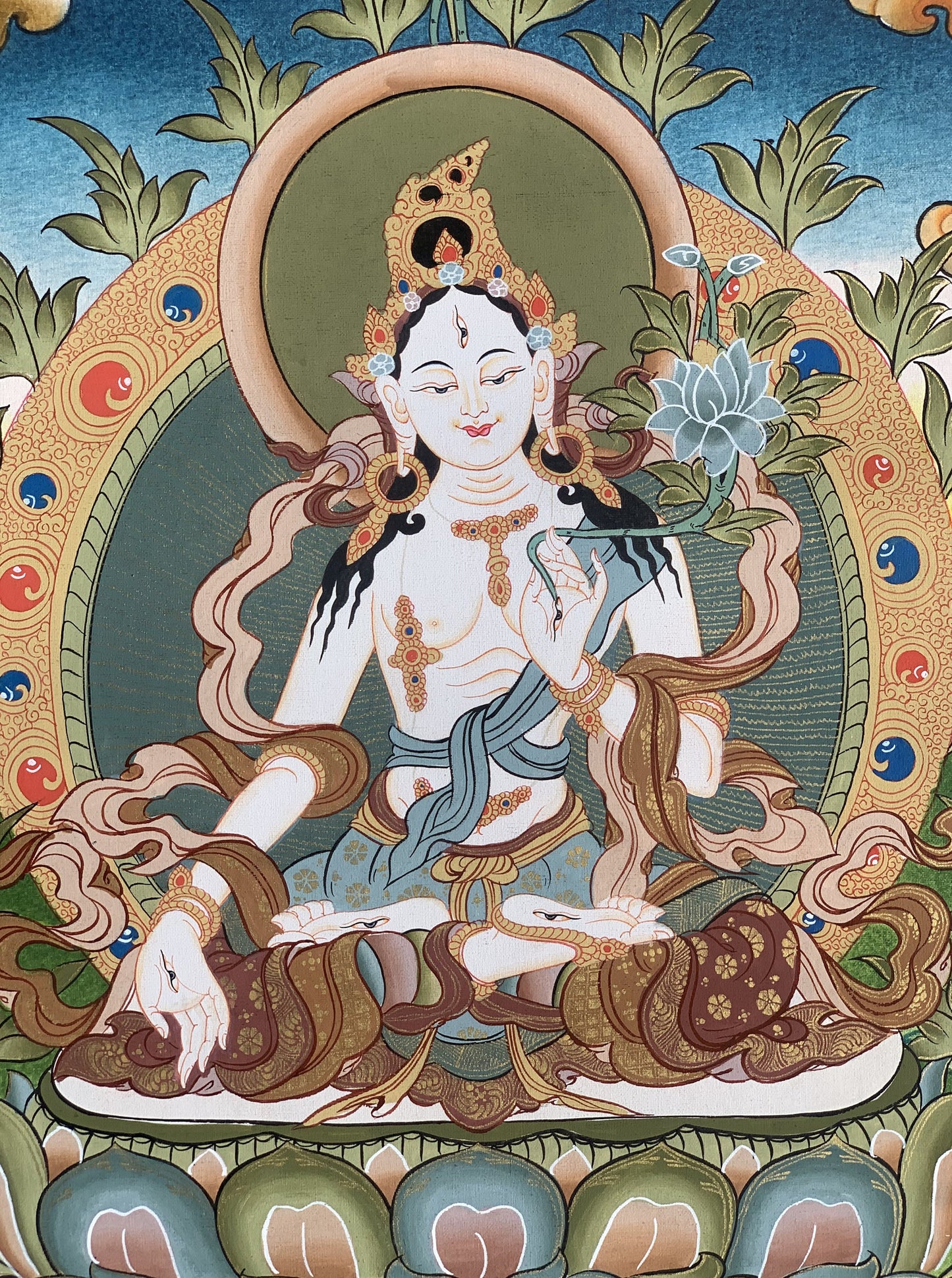 White Tara, Sitatara, Mother Goddess, Hand Painted Tibetan Thangka Painting Original Meditation Art  16 x 22 Inch