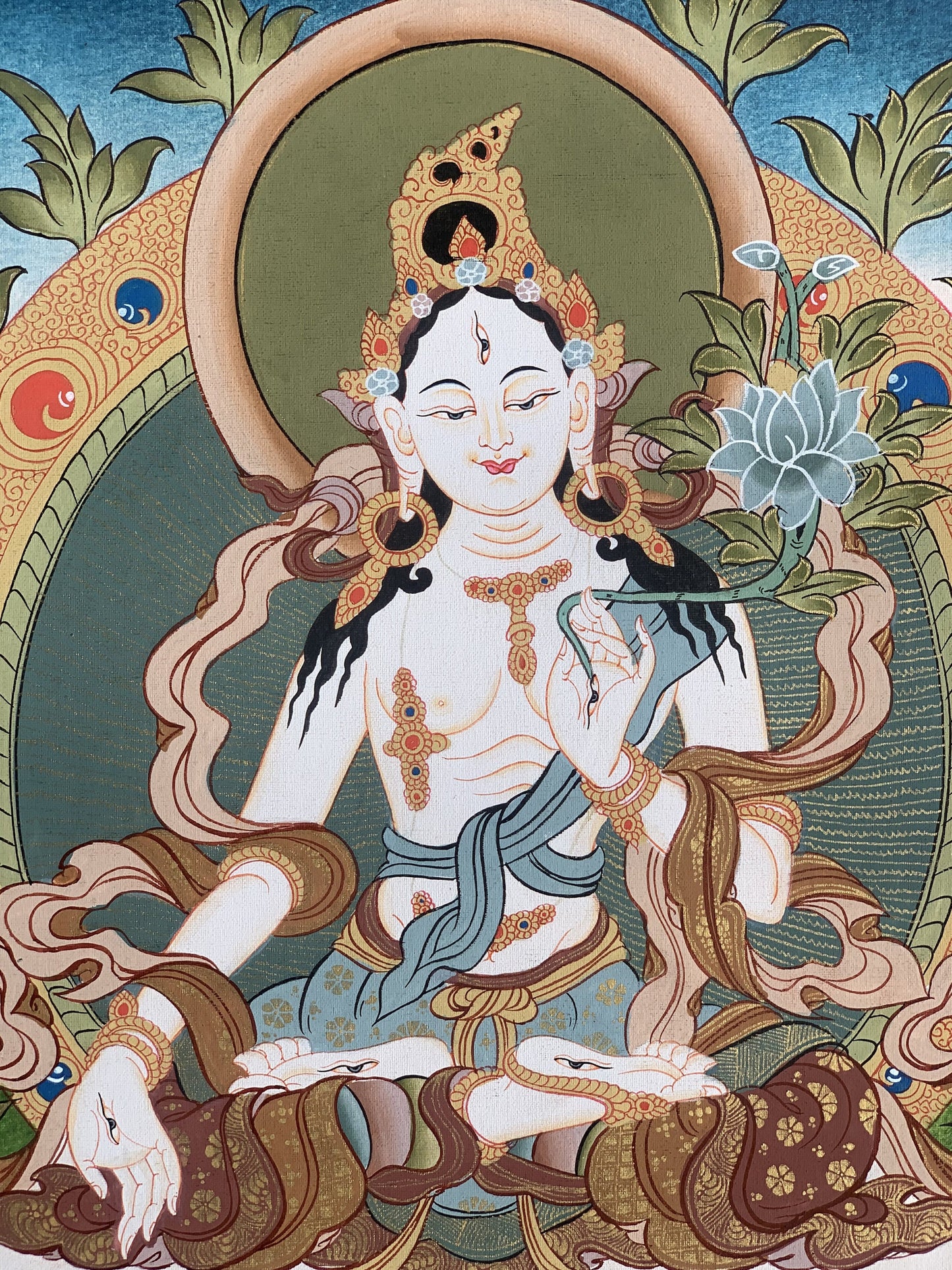 White Tara, Sitatara, Mother Goddess, Hand Painted Tibetan Thangka Painting Original Meditation Art  16 x 22 Inch