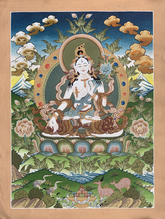 White Tara, Sitatara, Mother Goddess, Hand Painted Tibetan Thangka Painting Original Meditation Art  16 x 22 Inch