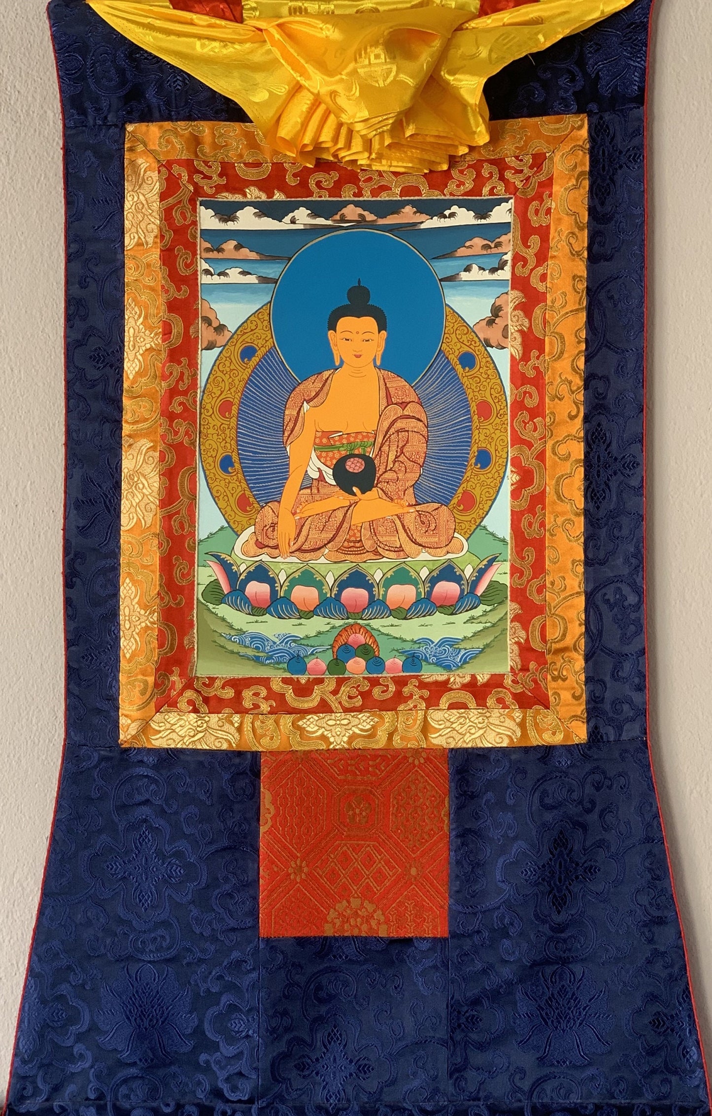 Shakyamuni, Siddhartha, Gautama, Buddha, Original Tibetan Thangka Painting, Buddhist Art with Silk Border