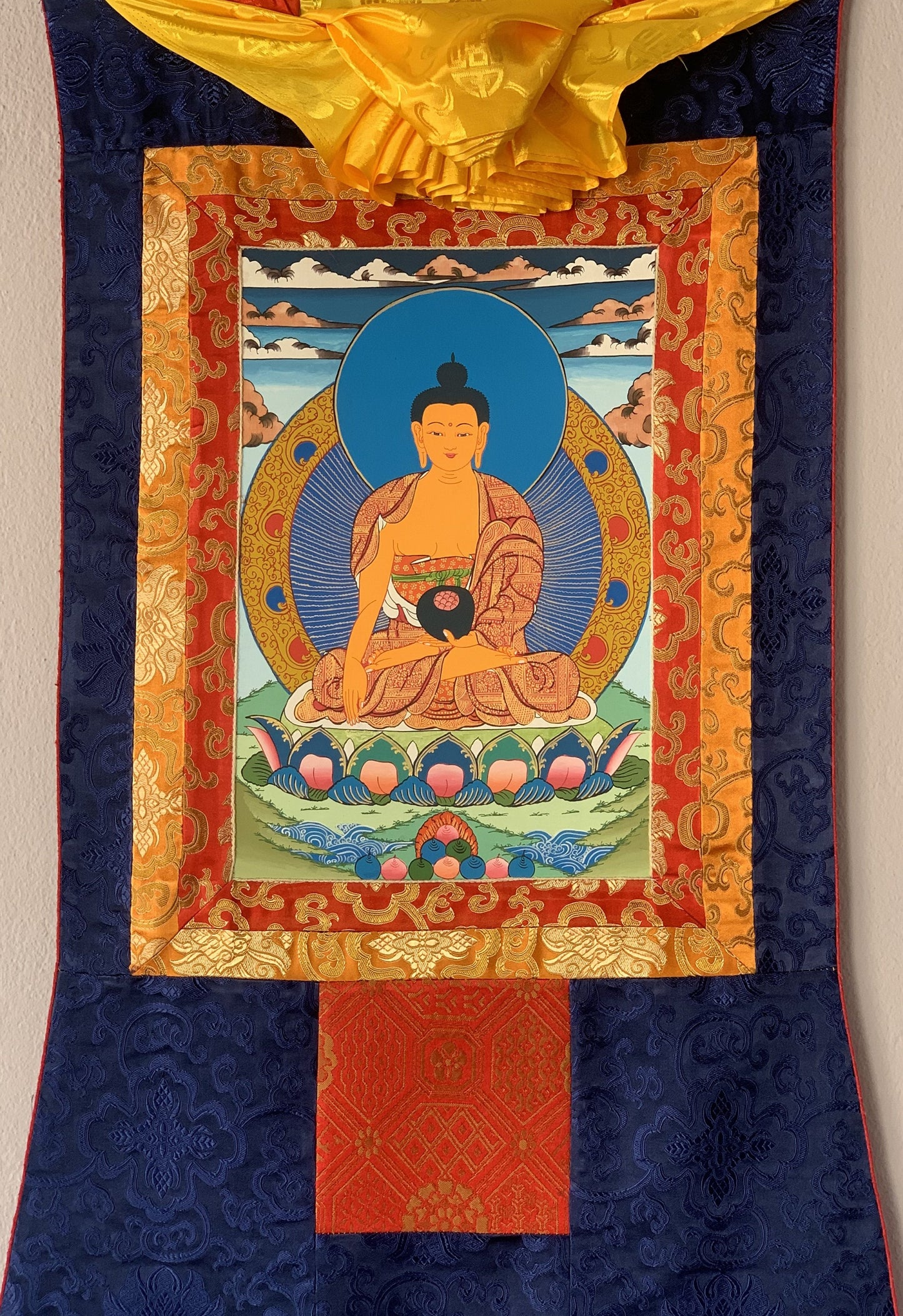 Shakyamuni, Siddhartha, Gautama, Buddha, Original Tibetan Thangka Painting, Buddhist Art with Silk Border