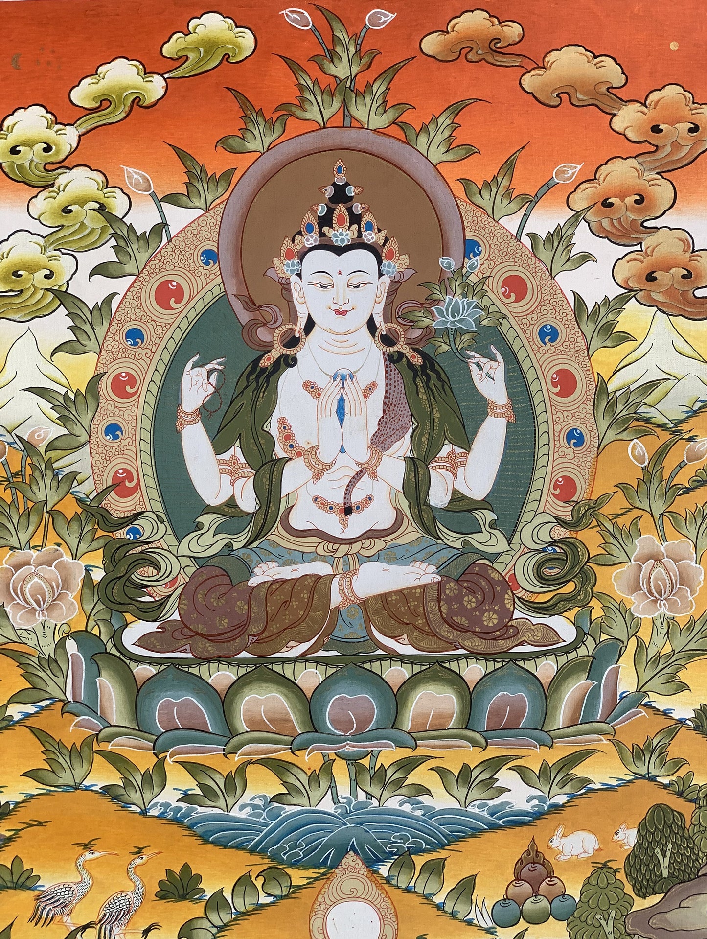 4 Armed Chyangresi/ Chenrezig/ Avalokiteshvara Master Quality Tibetan Thangka Painting, Original Hand Painting Art  16 x 22 Inch