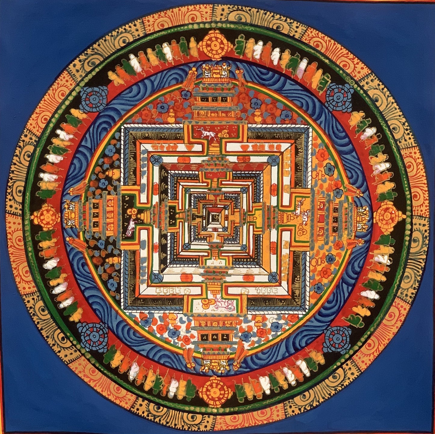 Wheel of Life, Wheel of Time, Kalachakra Mantra Mandala Hand Painted Original Tibetan Thangka Meditation Art  12 x 12 Inch