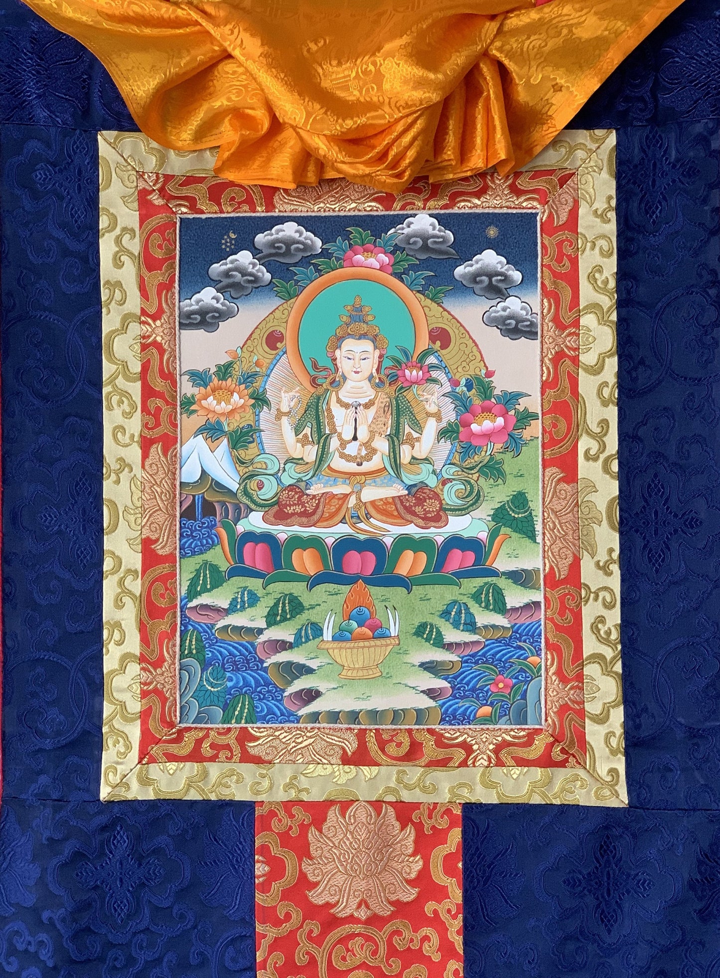 4 Armed Avalokiteshvara, Chyangresi, Chenrezig, Original Hand Painted Tibetan Thangka Meditation Art with Silk Brocade