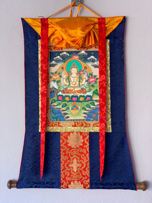 4 Armed Avalokiteshvara, Chyangresi, Chenrezig, Original Hand Painted Tibetan Thangka Meditation Art with Silk Brocade